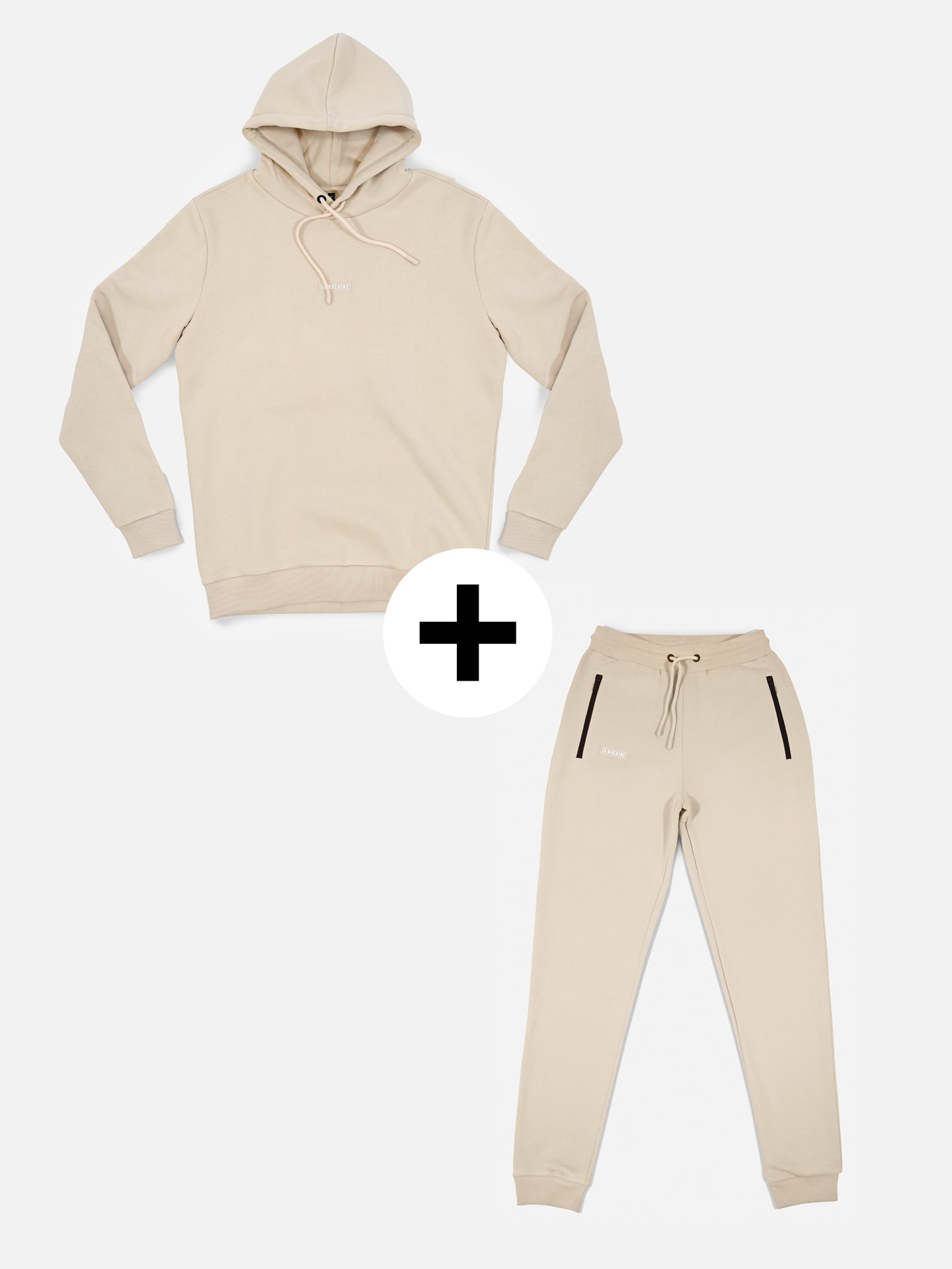 La Machine Cycle Clubs Beyond the Bike hoodie and sweatpants bundle in Gravel Grey, shown separately on a white background with a plus sign between them.