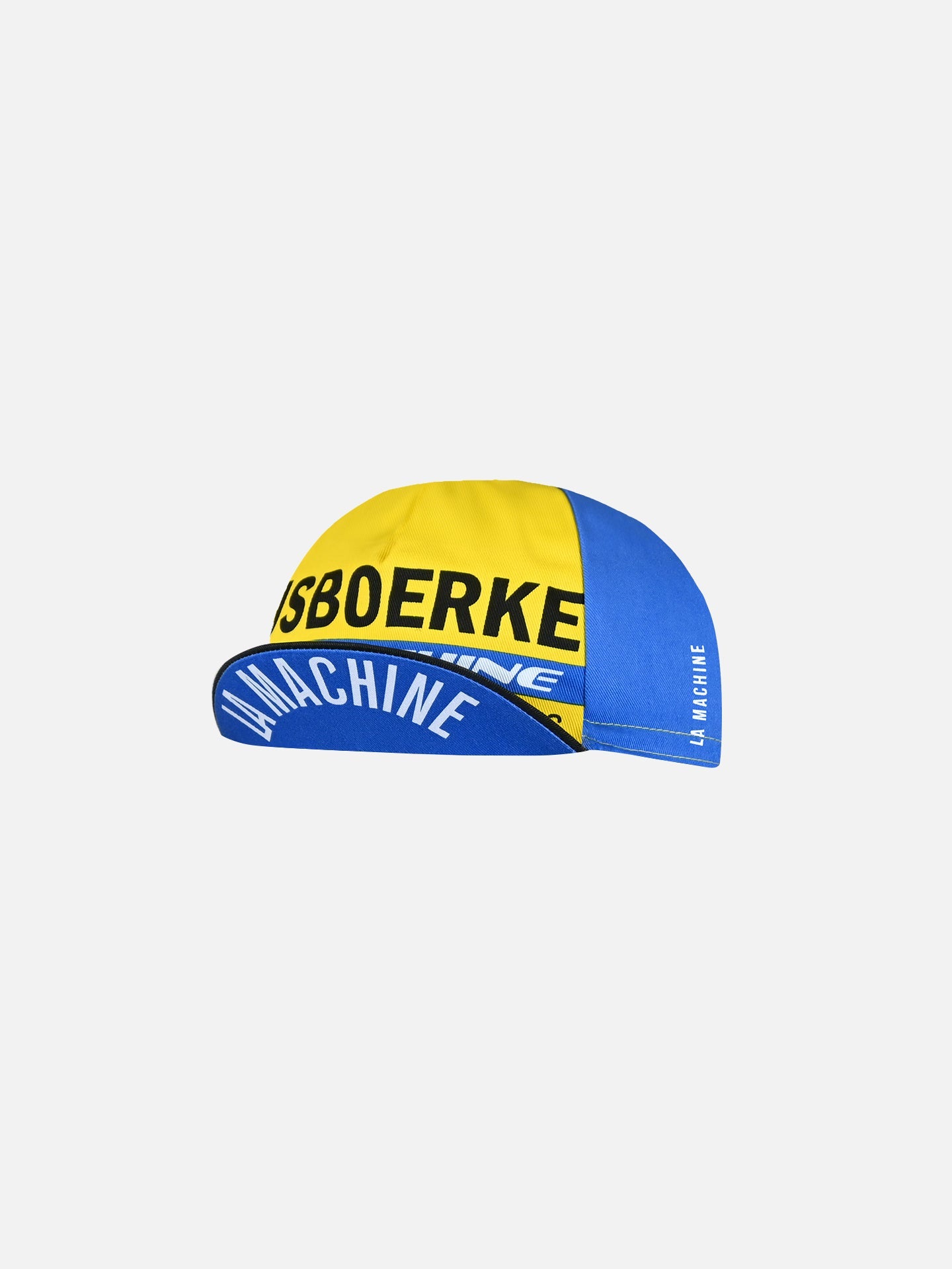 The Ijsboerke - Cycling Cap by La Machine Cycle Club features a yellow and blue classic design with black SBOERKE text on the front and white LA MACHINE on the brim and side, inspired by the iconic Ijsboerke Cycling Team. Displayed on a plain white background.