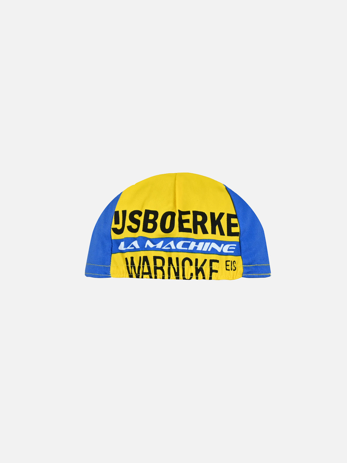The Ijsboerke - Cycling Cap by La Machine Cycle Club features yellow and blue panels, black LJSBOERKE and WARNCKE text, plus a white “LA MACHINE” logo—a tribute to the iconic Ijsboerke Cycling Team.
