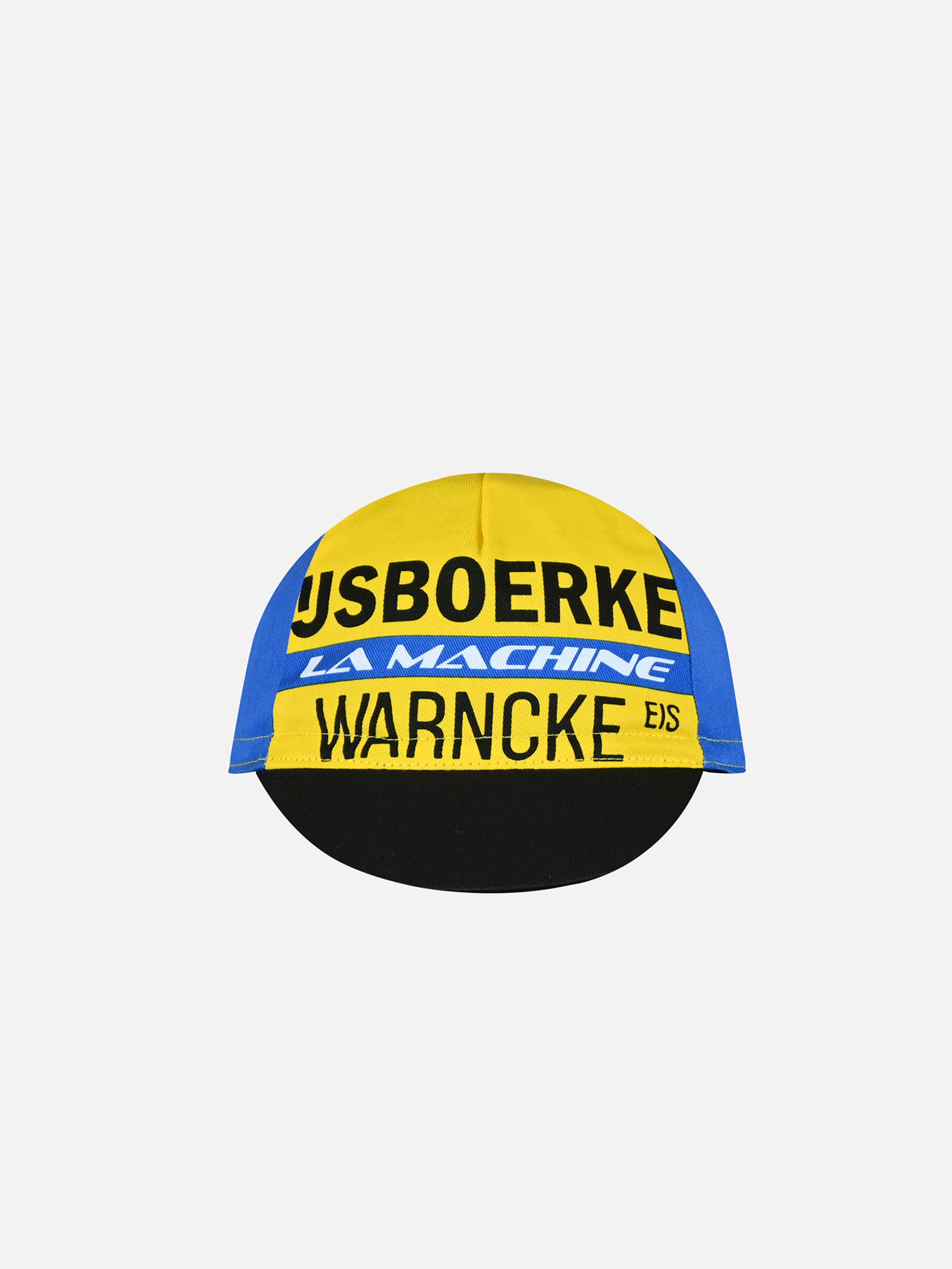 The Ijsboerke - Cycling Cap by La Machine Cycle Club pairs yellow and blue with bold black USBOERKE, LA MACHINE, and WARNCKE text—a tribute to the iconic Ijsboerke Cycling Team—shown on a plain white background.
