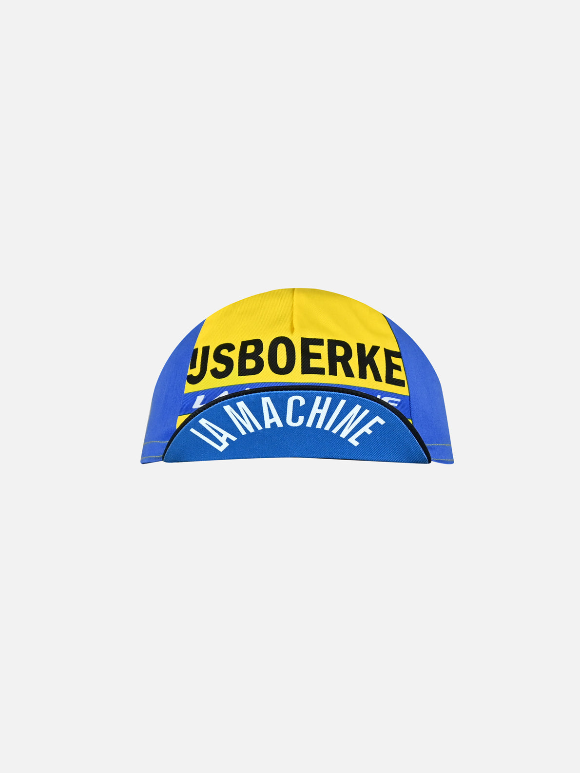 The Ijsboerke - Cycling Cap by La Machine Cycle Club features classic blue and yellow panels with JOSBOERKE on the yellow panel and LA MACHINE in white on the blue brim, inspired by the Ijsboerke Cycling Team. Displayed on a plain white background.