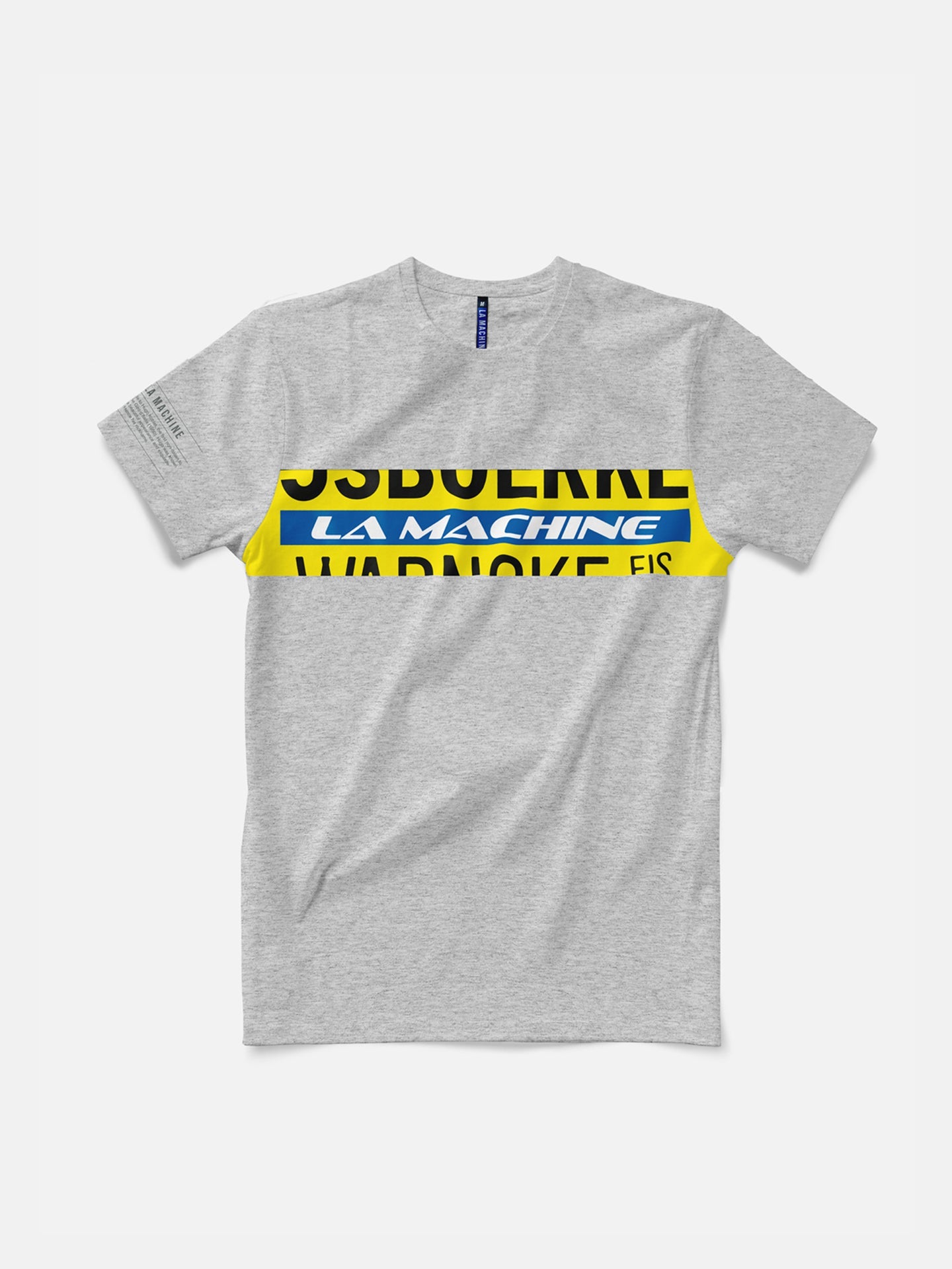 The Ijsboerke - The Remix T-shirt by La Machine Cycle Club is a light gray unisex tee with bold black, yellow, and blue OSSBUERNE text, inspired by the Ijsboerke Cycling Team. Made from soft 100% cotton with script on the right sleeve.