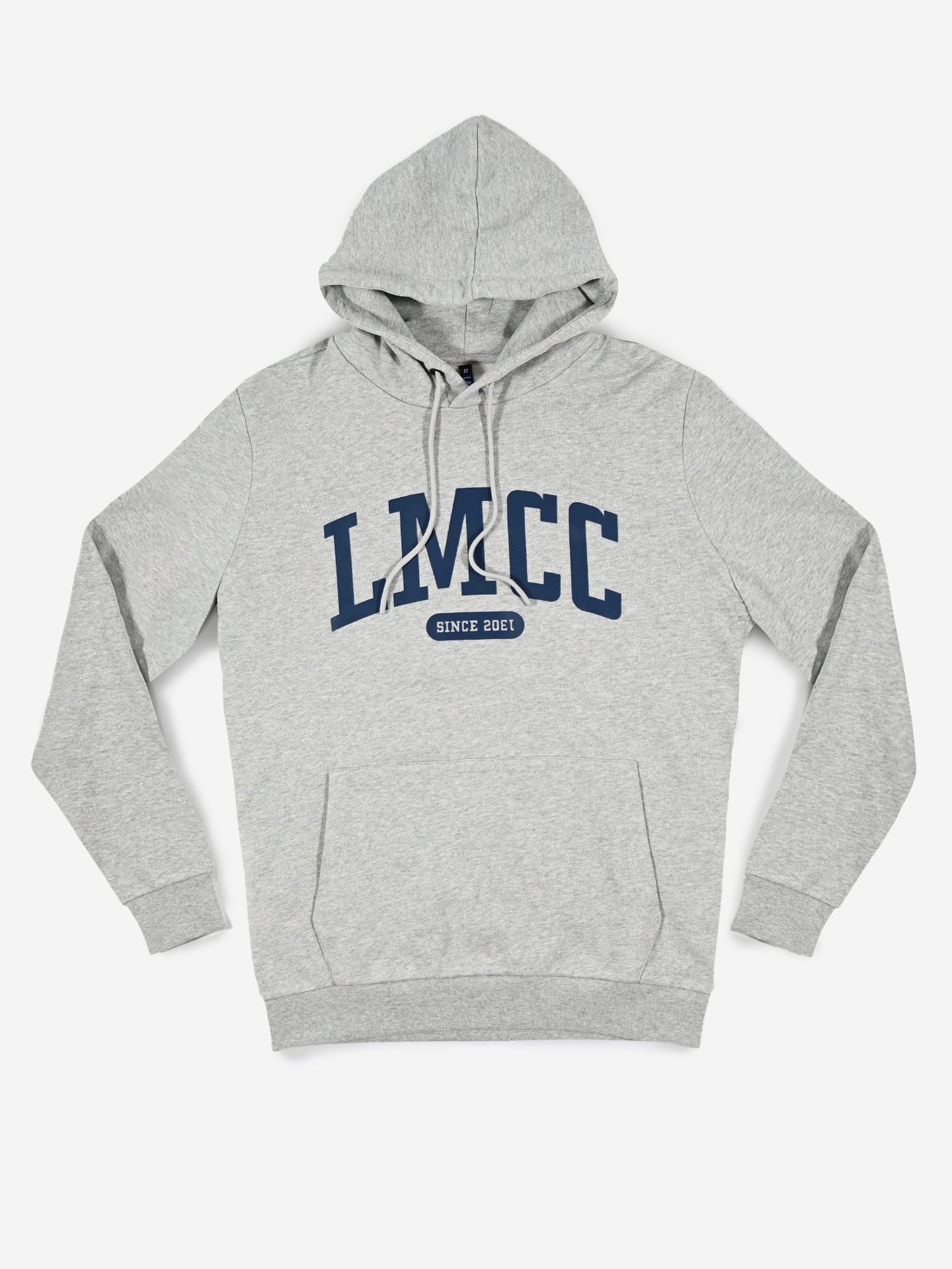 The LMCC - University Hoodie by La Machine Cycle Club is a light gray unisex sweatshirt with LMCC in large navy letters and SINCE 2007 on the front, plus a front pocket and drawstrings for classic comfort.