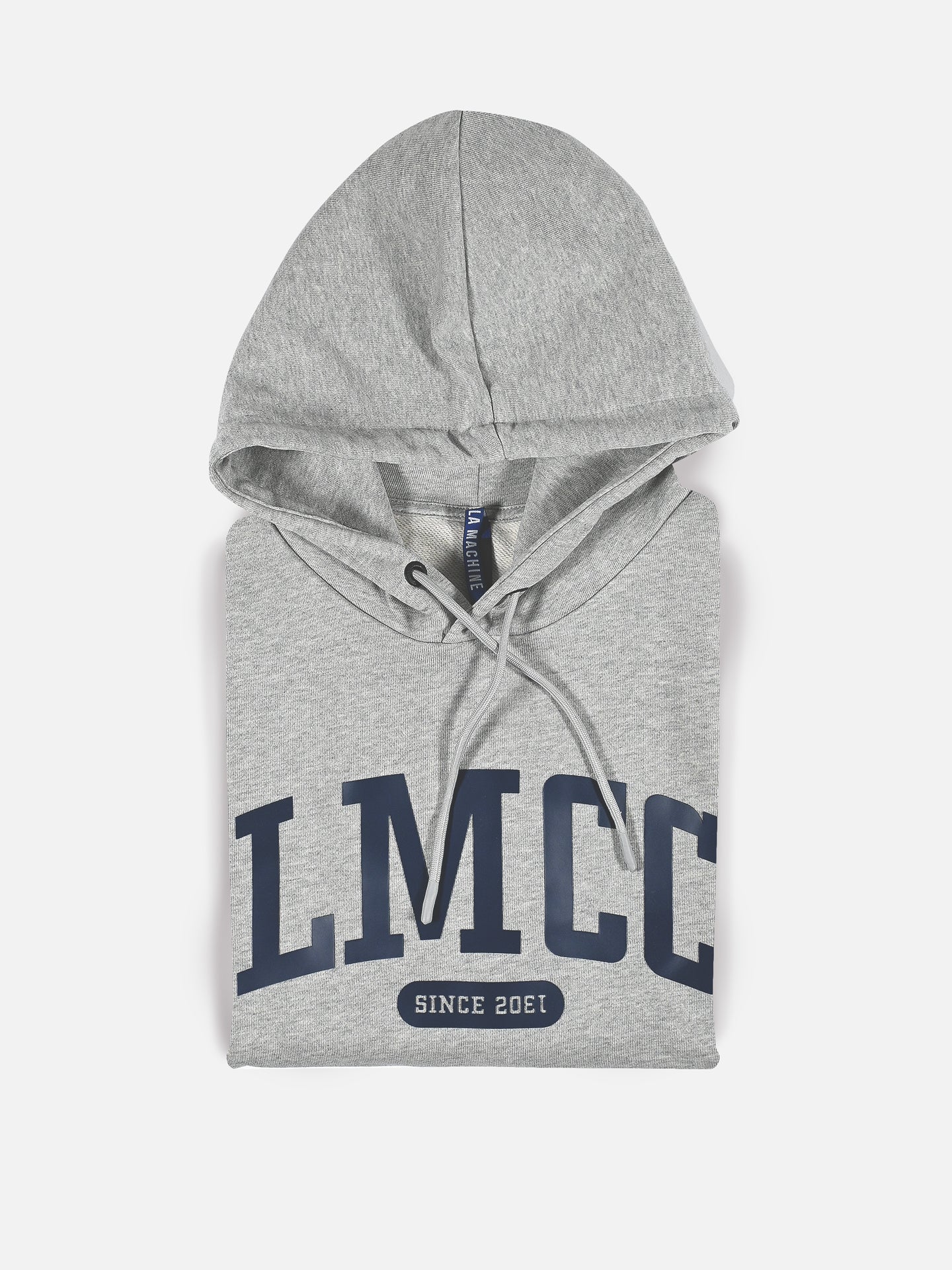 The LMCC - University Hoodie by La Machine Cycle Club is a folded light gray unisex sweatshirt featuring bold navy blue lettering and “Since 2021” below, displayed on a white background.