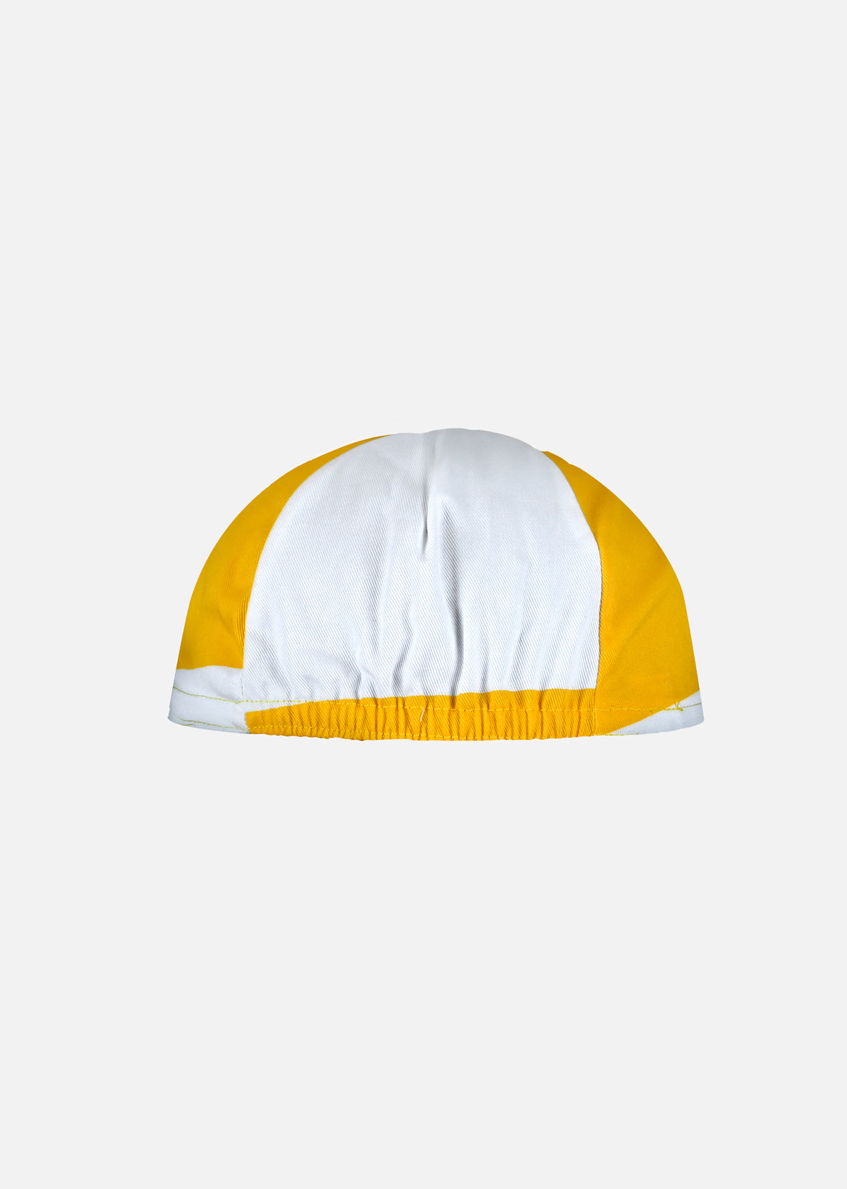 The Life starts at 6% - Cycling Cap by La Machine Cycle Club features alternating white and yellow panels, is made from 100% cotton with an elastic back, and is shown on a light gray background.