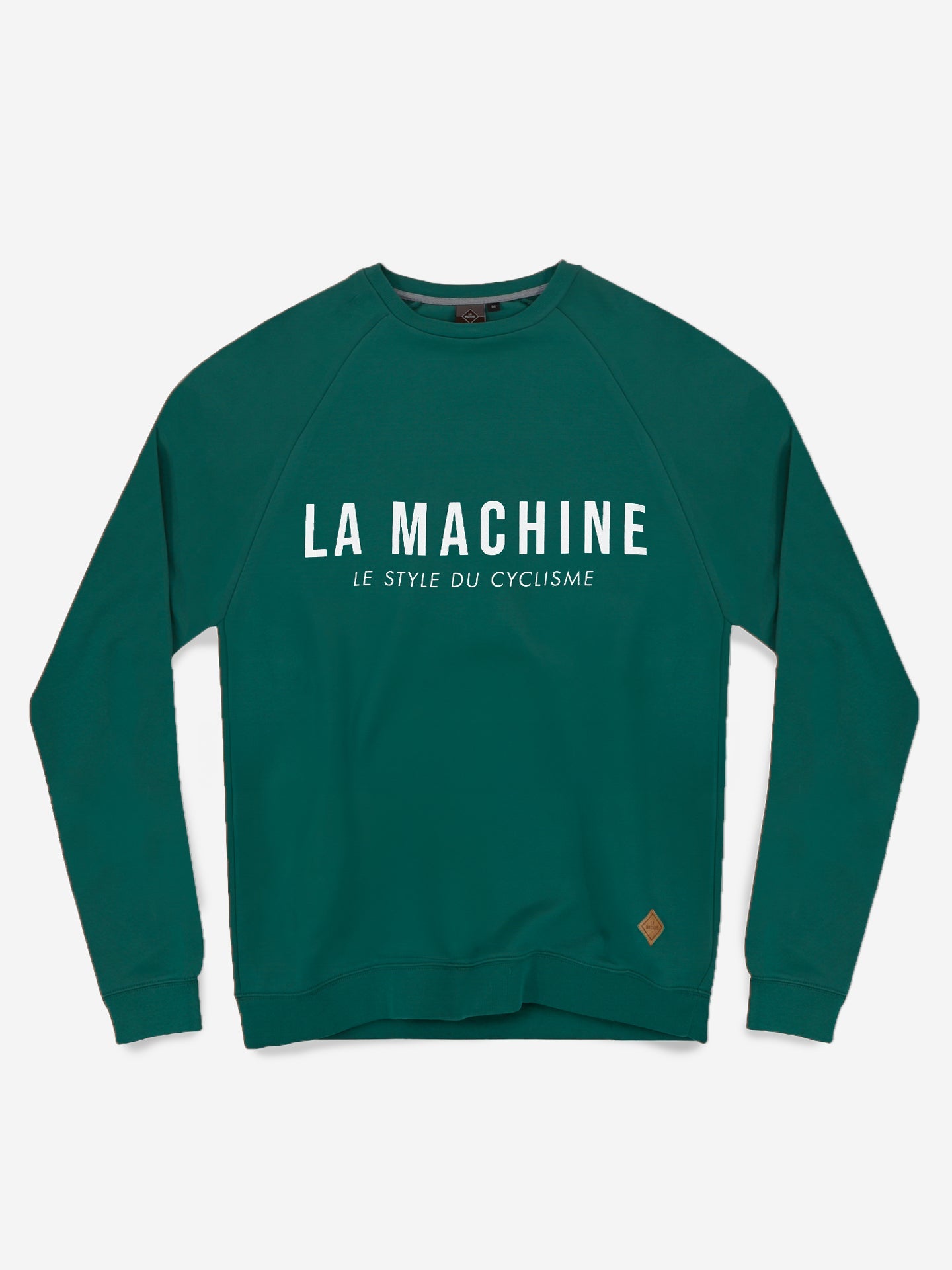 The La Machine Cycle Club Logo Sweatshirt is a green mens sweatshirt with LE STYLE DU CYCLISME in white on the front and a small brown patch near the hem—a stylish choice for cycling fans.
