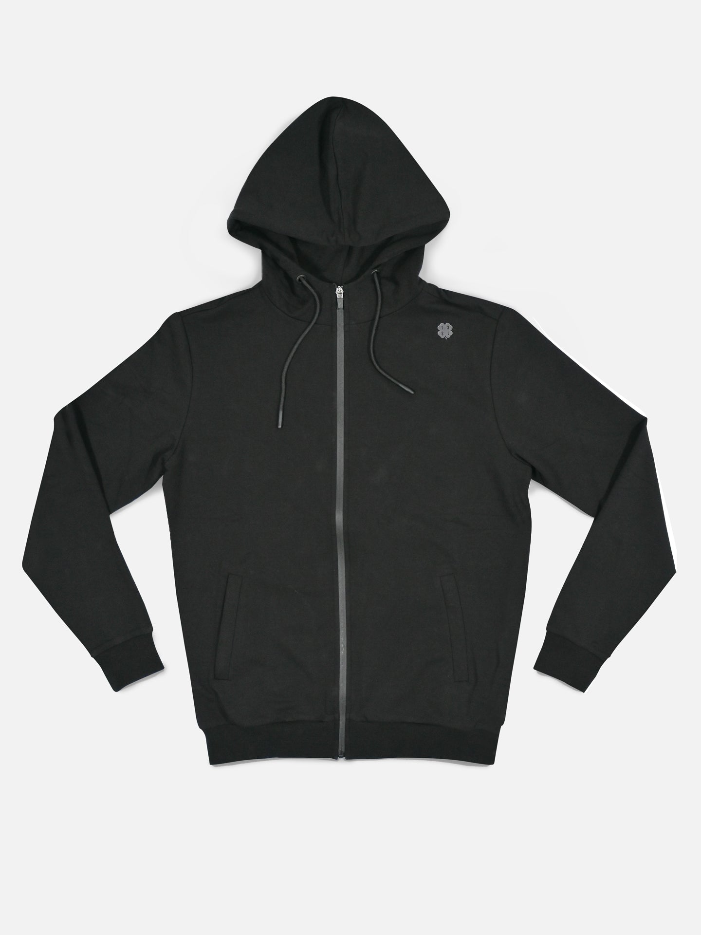 The Lucky 13 - Zipped Hoodie in black by La Machine Cycle Club is a unisex hoodie with front pockets, a hood, drawstrings, and a small embroidered chest logo for post-workout comfort. Shown flat on a white background.