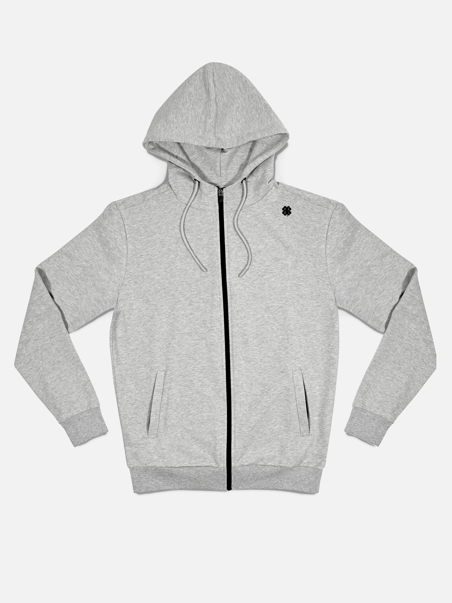 The Lucky 13 - Zipped Hoodie in melange grey by La Machine Cycle Club features a zip-up front, hood with drawstrings, two side pockets, ribbed cuffs and hem, and a small black embroidered logo on the left chest. Displayed on white.