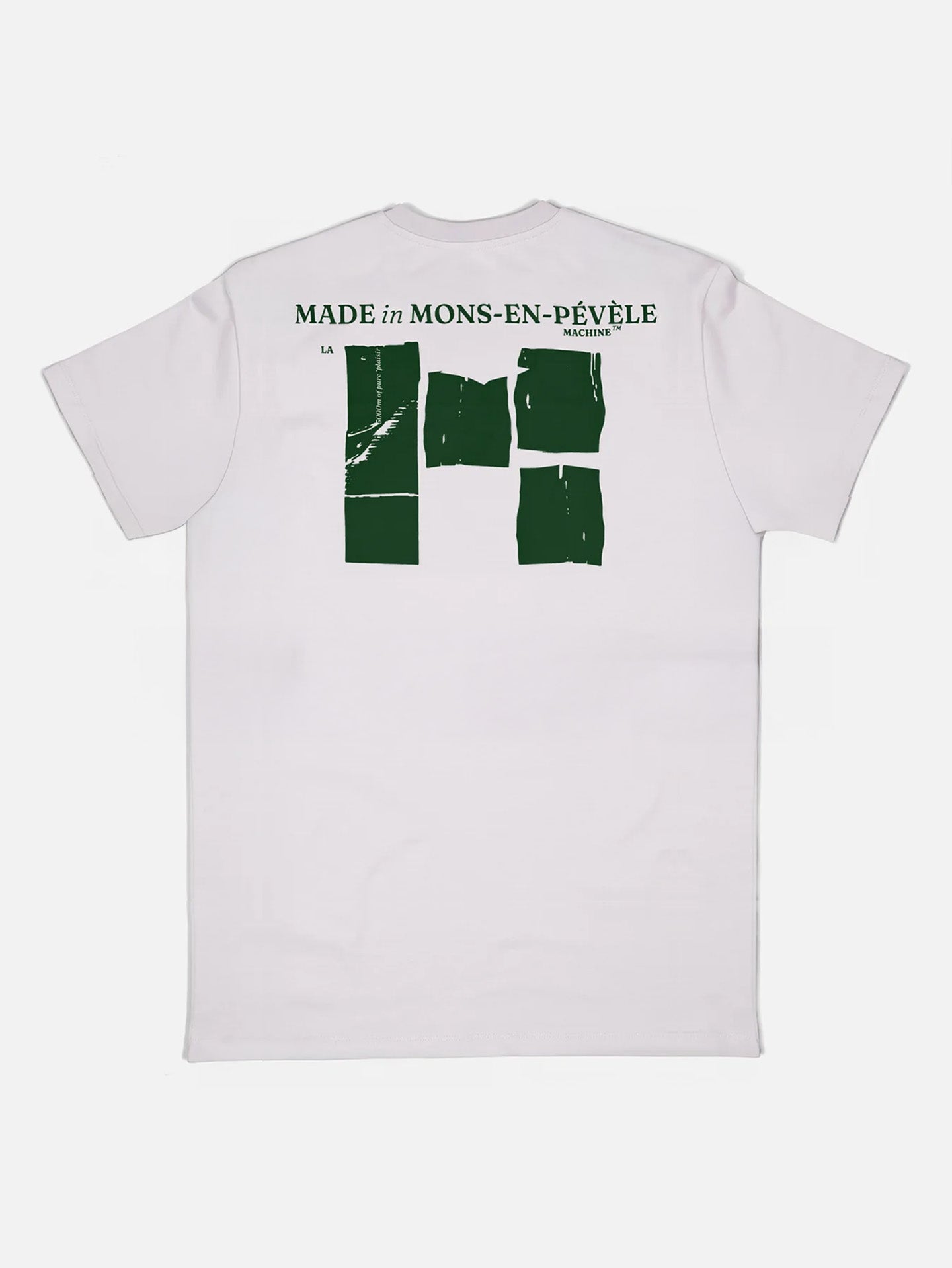 La Machine Cycle Club Made in Mons-en-Pévèle Loose Fit T-shirt features green abstract block graphics and MADE in MONS-EN-PÉVÈLE text on the back, inspired by iconic Paris-Roubaix cycling apparel, plus small LA and MADE IN details.