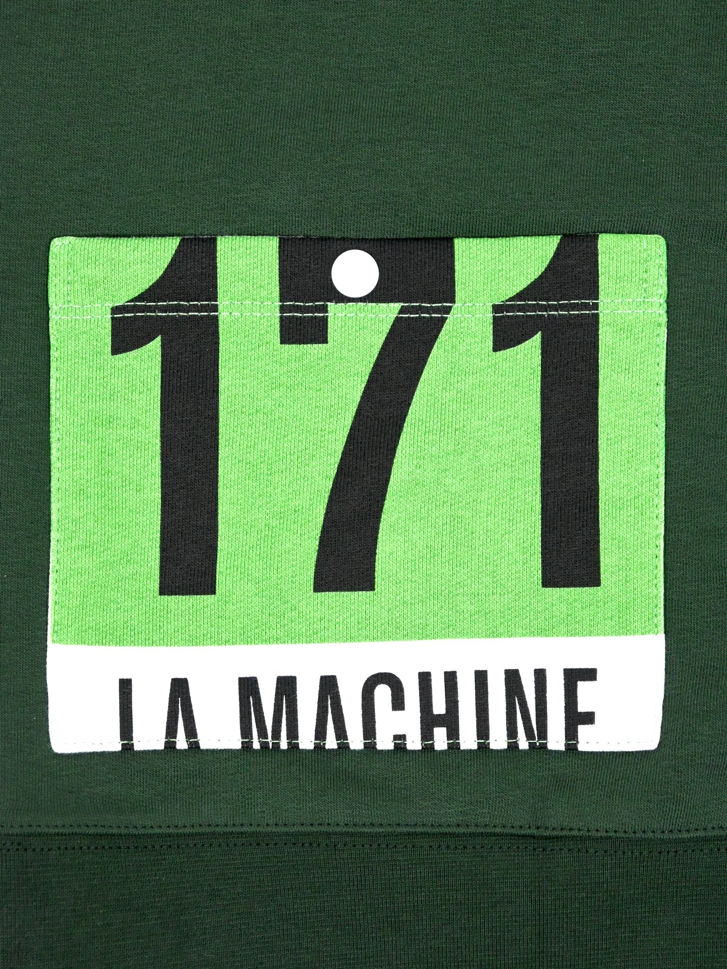 The Maillot Vert - Sweatshirt by La Machine Cycle Club features a green rectangular patch with the black number 171 and bold LA MACHINE lettering, sewn onto a 100% cotton mens sweatshirt crafted in the EU.