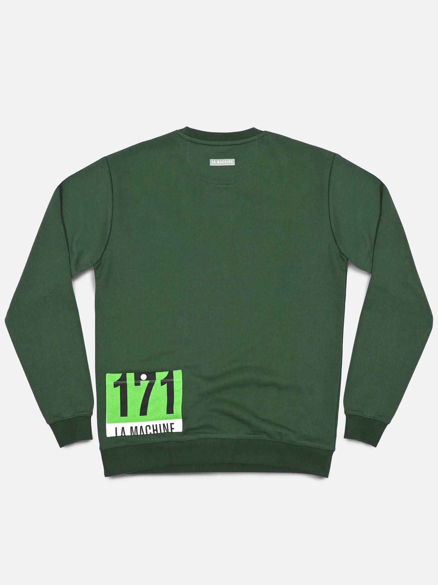 The Maillot Vert Sweatshirt by La Machine Cycle Club is a forest green men’s sweatshirt made in the EU from 100% cotton, featuring a neon green patch near the hem with “171” and LA MACHINE branding.
