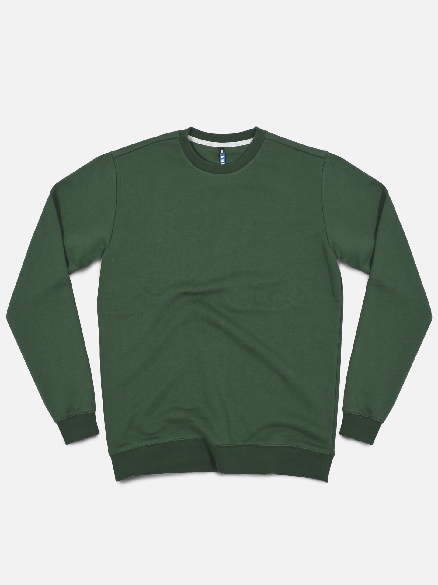 The Maillot Vert Sweatshirt by La Machine Cycle Club is a dark green, long-sleeve mens top made in the EU from 100% cotton with ribbed cuffs, collar, and hem. Laid flat on a white background.