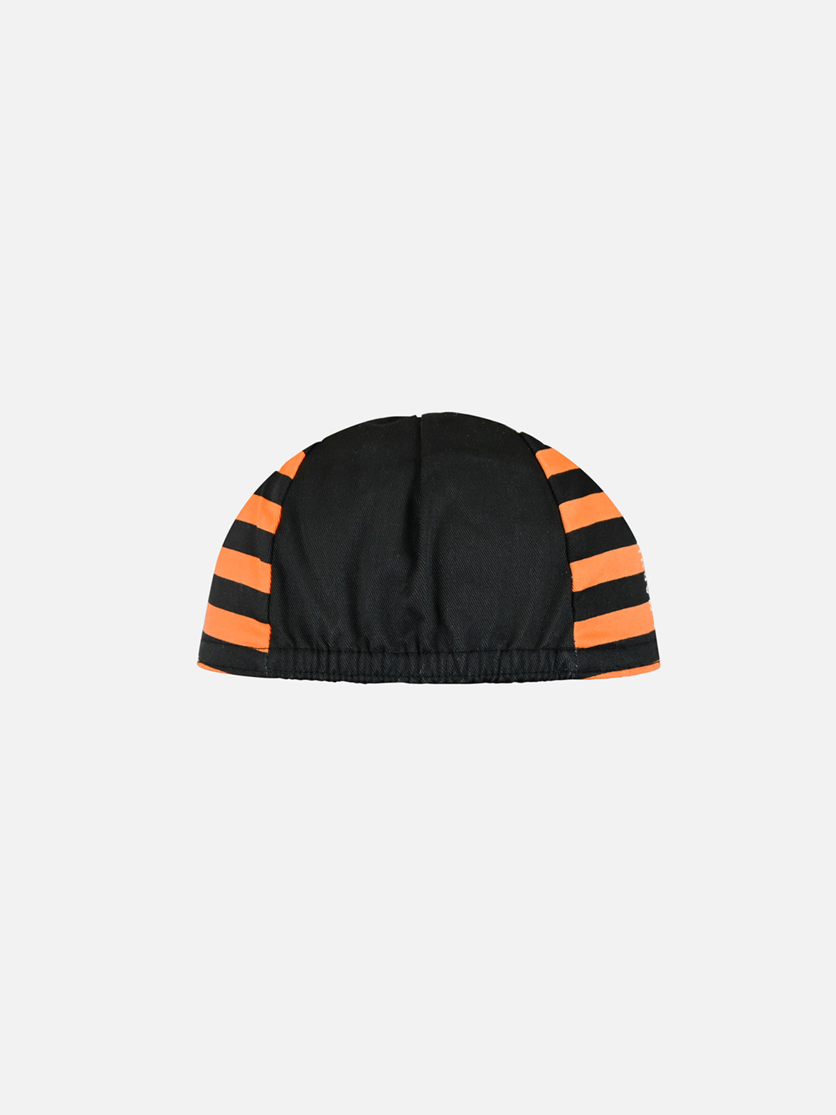 The No Watts No Glory - Cycling Cap by La Machine Cycle Club features a classic style with black fabric and orange stripes on both sides, shown against a plain white background.