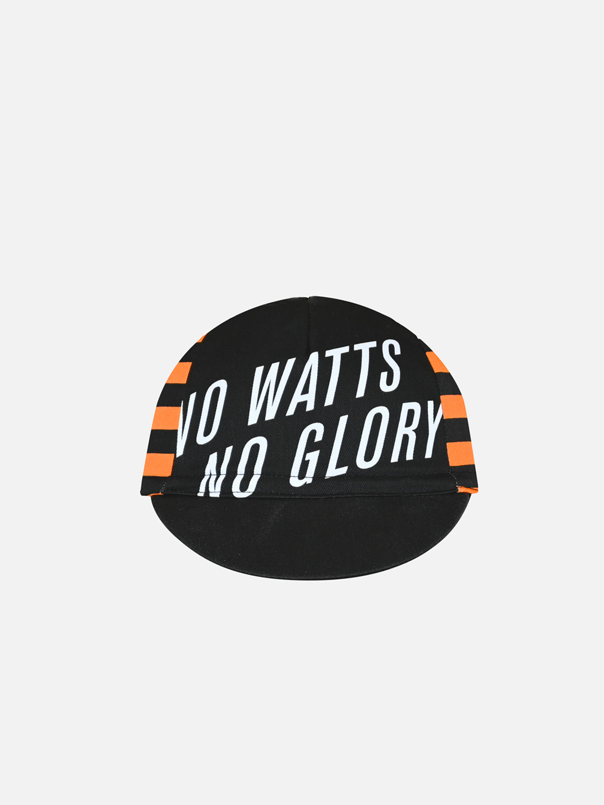 The No Watts No Glory - Cycling Cap by La Machine Cycle Club is a classic black 100% cotton cap with orange side stripes and NO WATTS NO GLORY in bold white on the front. One size fits all.