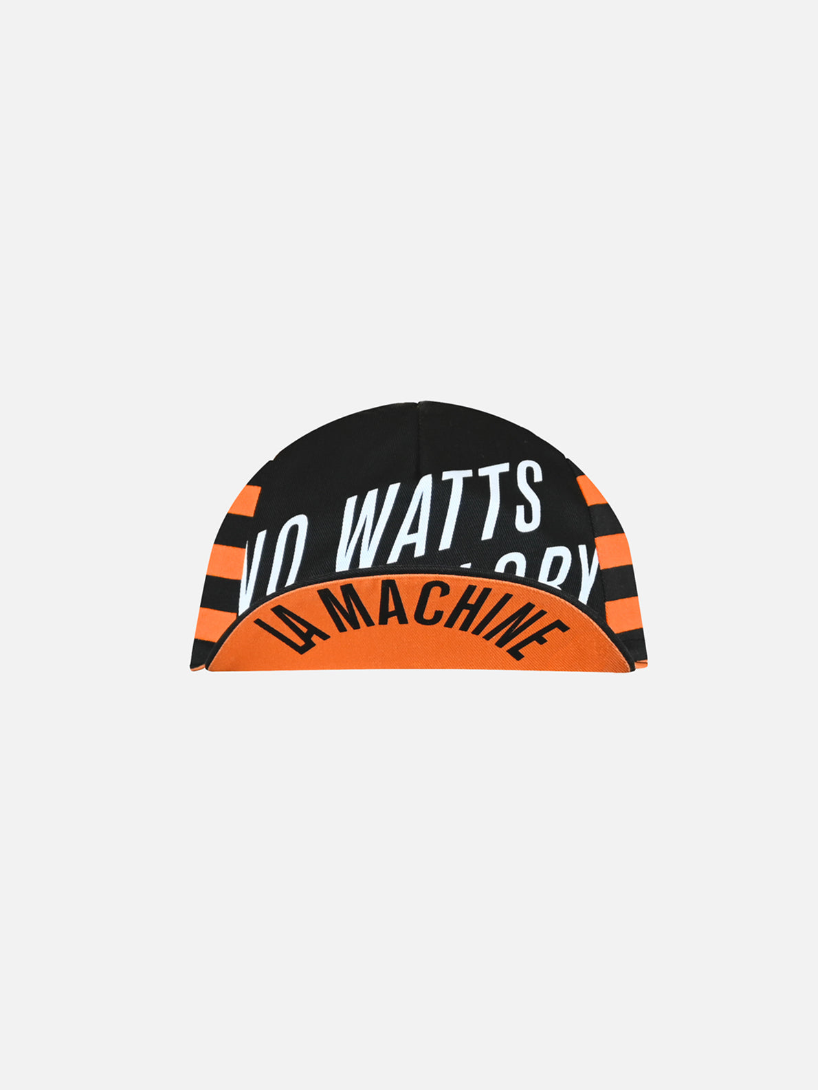 The No Watts No Glory - Cycling Cap by La Machine Cycle Club is a black and orange classic cotton cap. It features bold white NO WATTS NO GLORY text on top and LA MACHINE in black on the orange brim. One size fits all for comfortable rides.