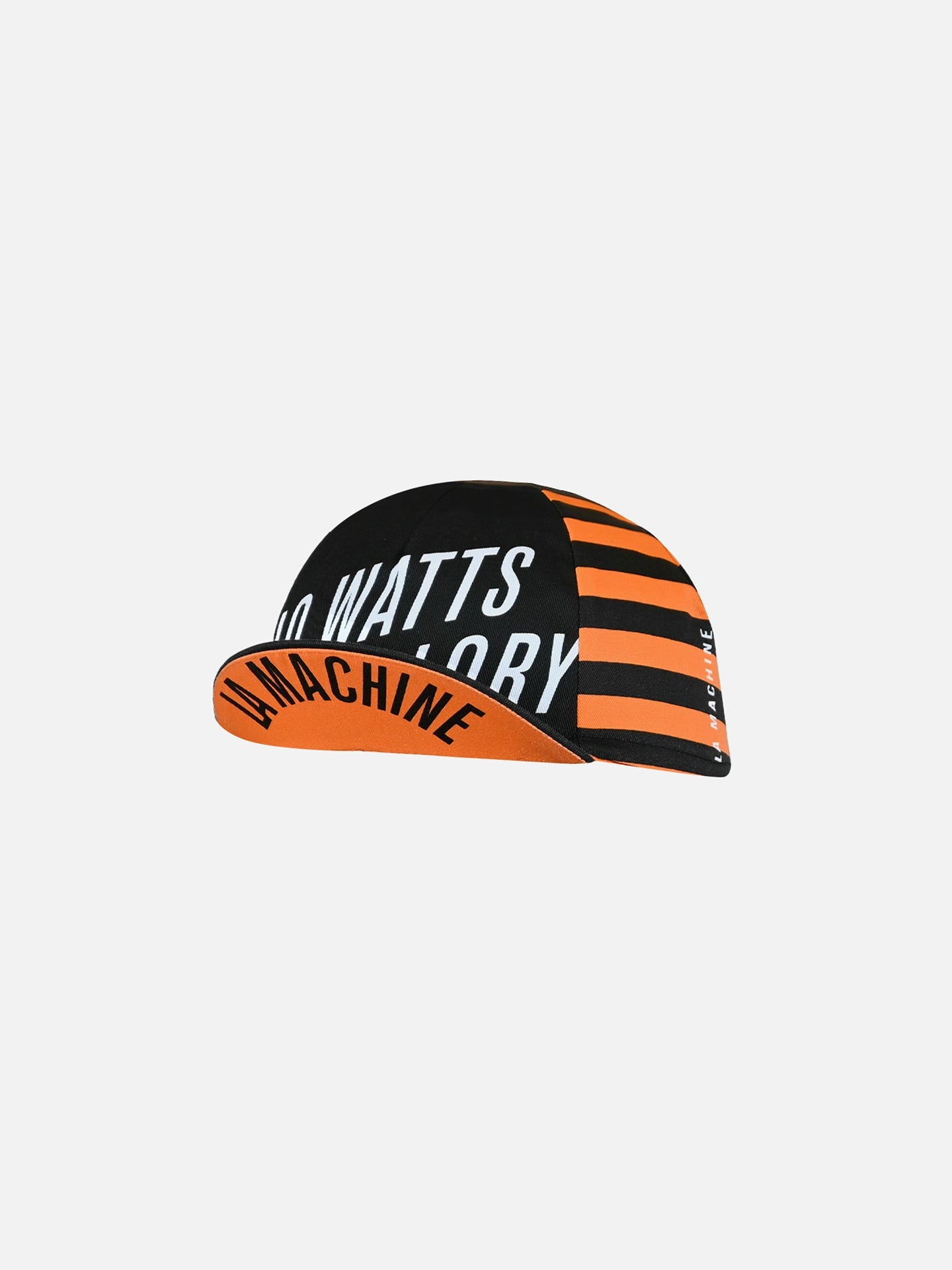 The La Machine Cycle Club No Watts No Glory Cycling Cap features black and orange stripes, NO WATTS NO GLORY text, ANIMACHINE on the brim, is 100% cotton, and comes in one size fits all.
