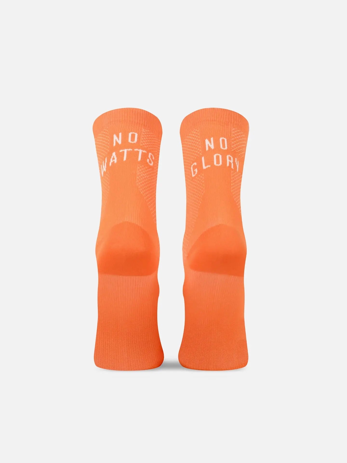 La Machine Cycle Club’s No Watts No Glory - Cycling Socks in bright orange feature “NO WATTS” on the left and “NO GLORY” on the right. Made in Italy with a seamless toe, theyre pictured upright against a white background.