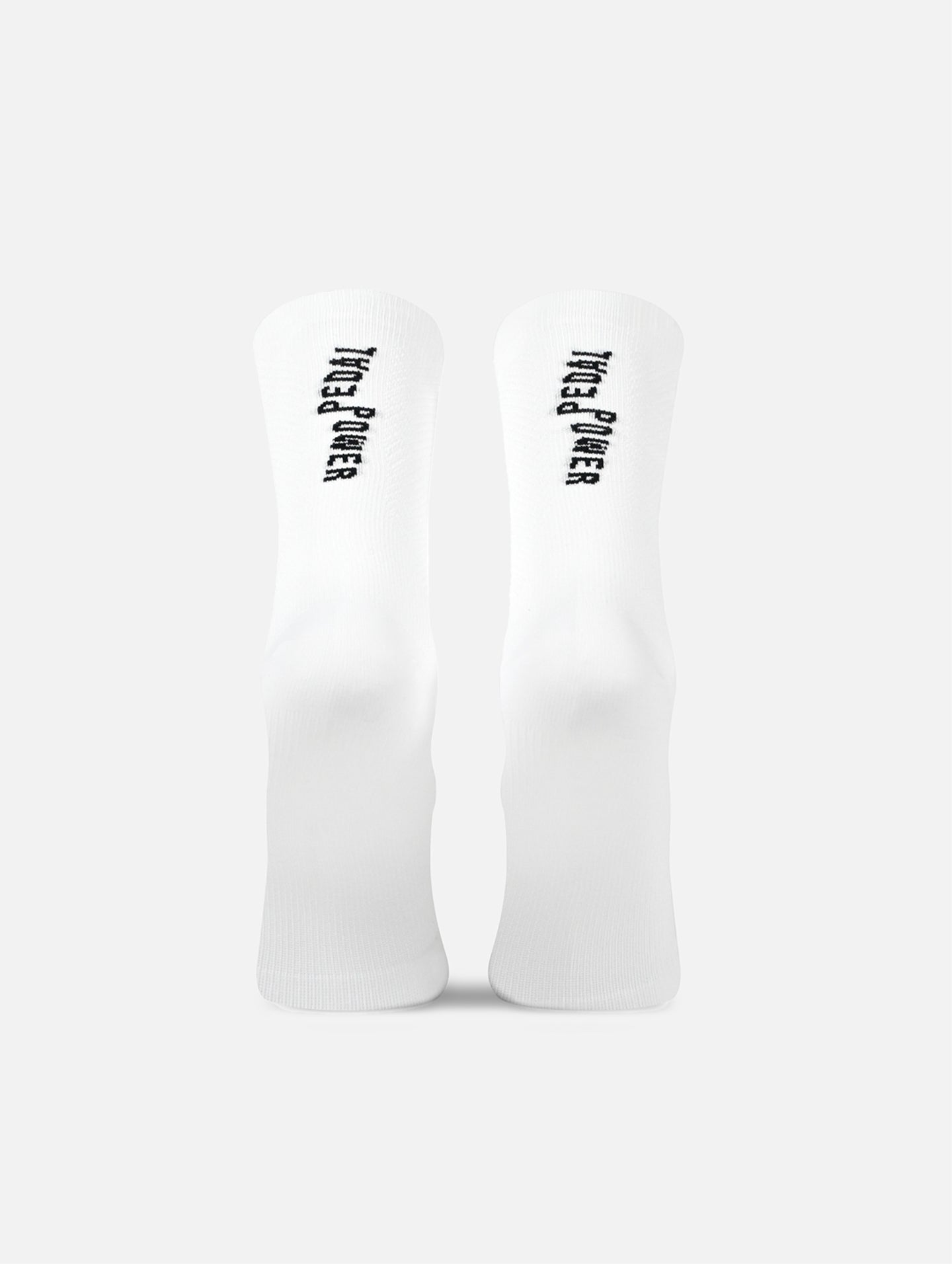 The La Machine Cycle Club Pedal Power white cycling socks are laid flat on a light background, featuring TRUE RULER text near the top and designed with optimum elastic fit for comfort and support.