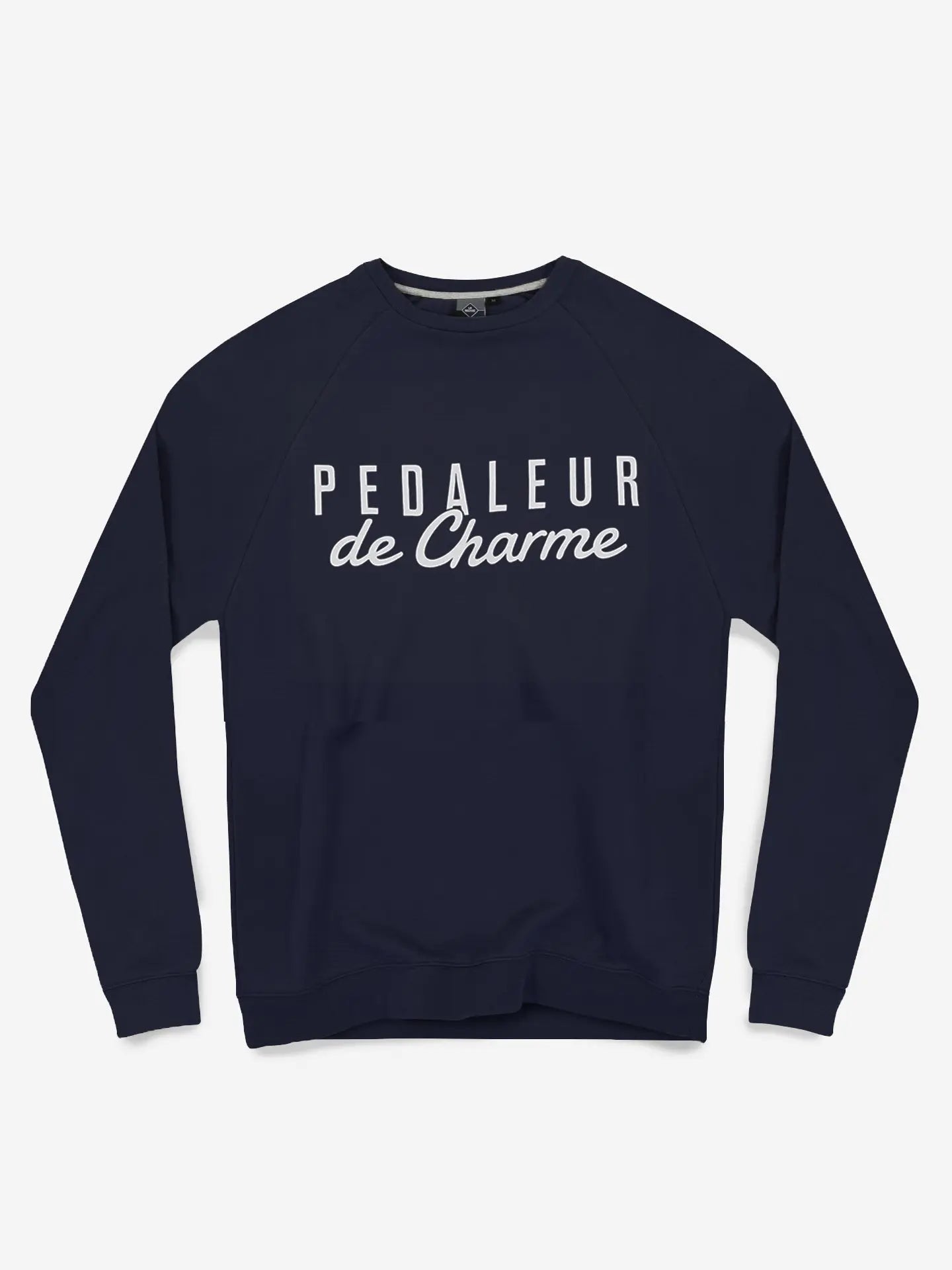 The Pedaleur de Charme - Sweatshirt - Navy by La Machine Cycle Club is a mens premium crewneck with long sleeves, featuring PEDALEUR de Charme in white across the chest, inspired by Giro d’Italia winner Hugo Koblet.