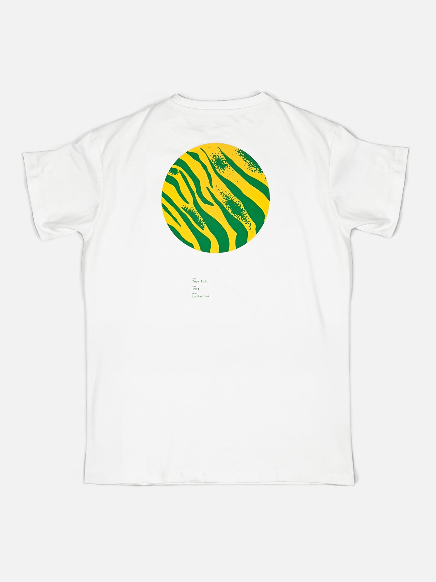 La Machine Cycle Clubs Team Polti 94 Loose Fit T-shirt features a large yellow and green abstract circle on the back, reminiscent of waves or terrain, with minimalist small black text below.
