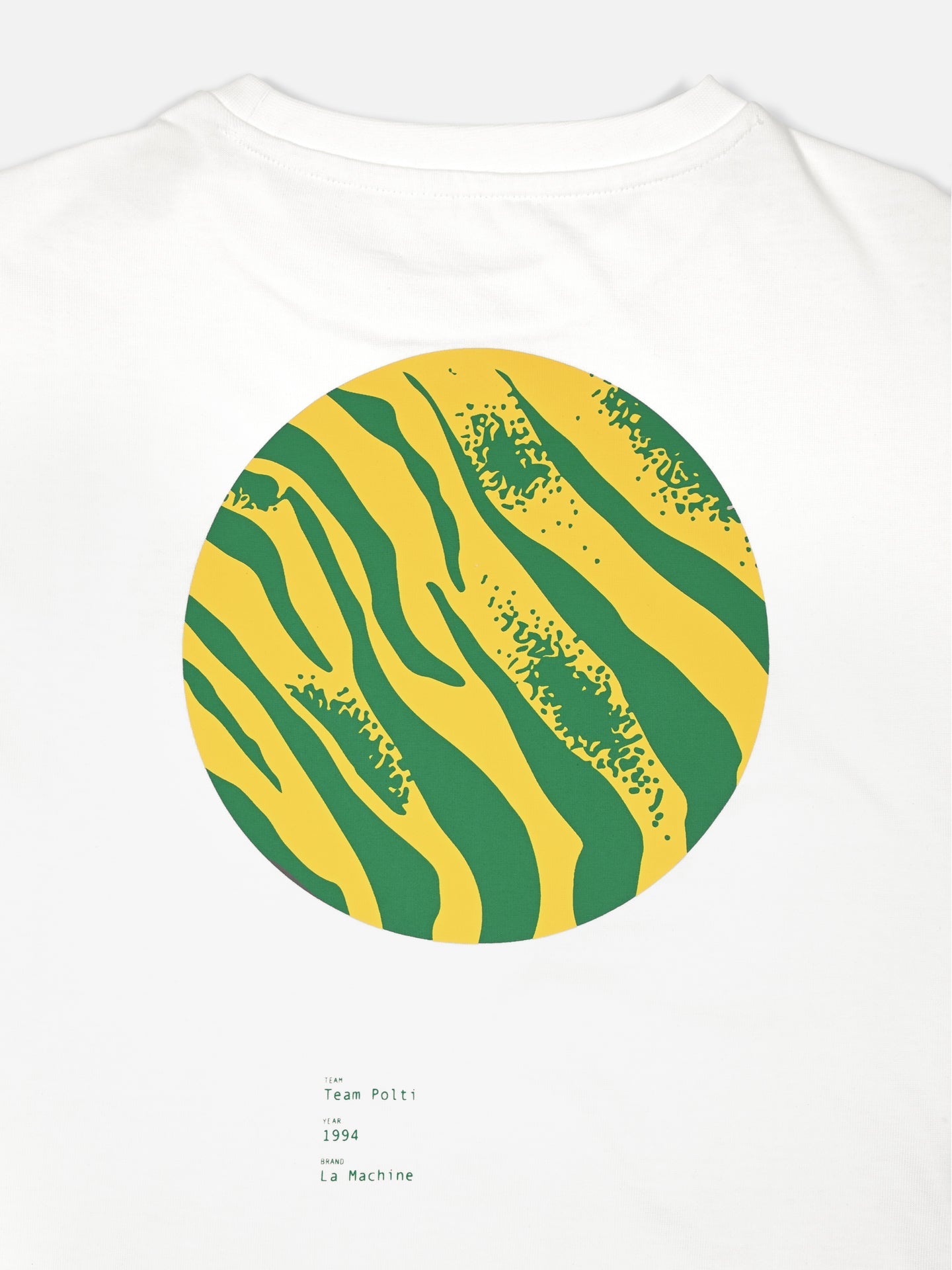 The Team Polti 94 Loose Fit T-shirt by La Machine Cycle Club features a circular design with yellow and green wavy stripes resembling animal print, plus small text: Team Polti, 1994, La Machine.