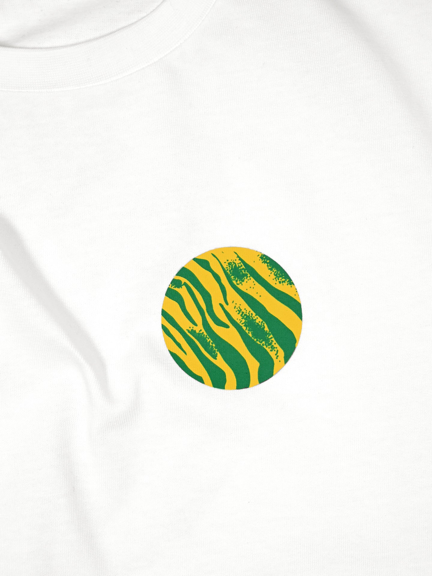 The Team Polti 94 Loose Fit T-shirt by La Machine Cycle Club features a circular chest graphic with yellow and green wavy stripes, evoking a tiger or zebra pattern.