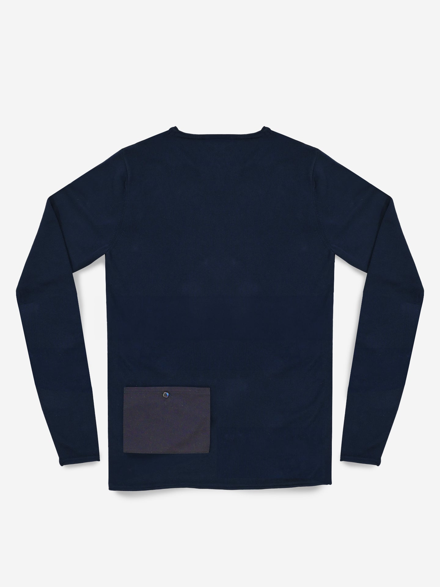The Premium Knitted Pullover by La Machine Cycle Club is a navy mens cotton top with a single dark buttoned square pocket on the lower left back, laid flat to show its simple, minimal design.