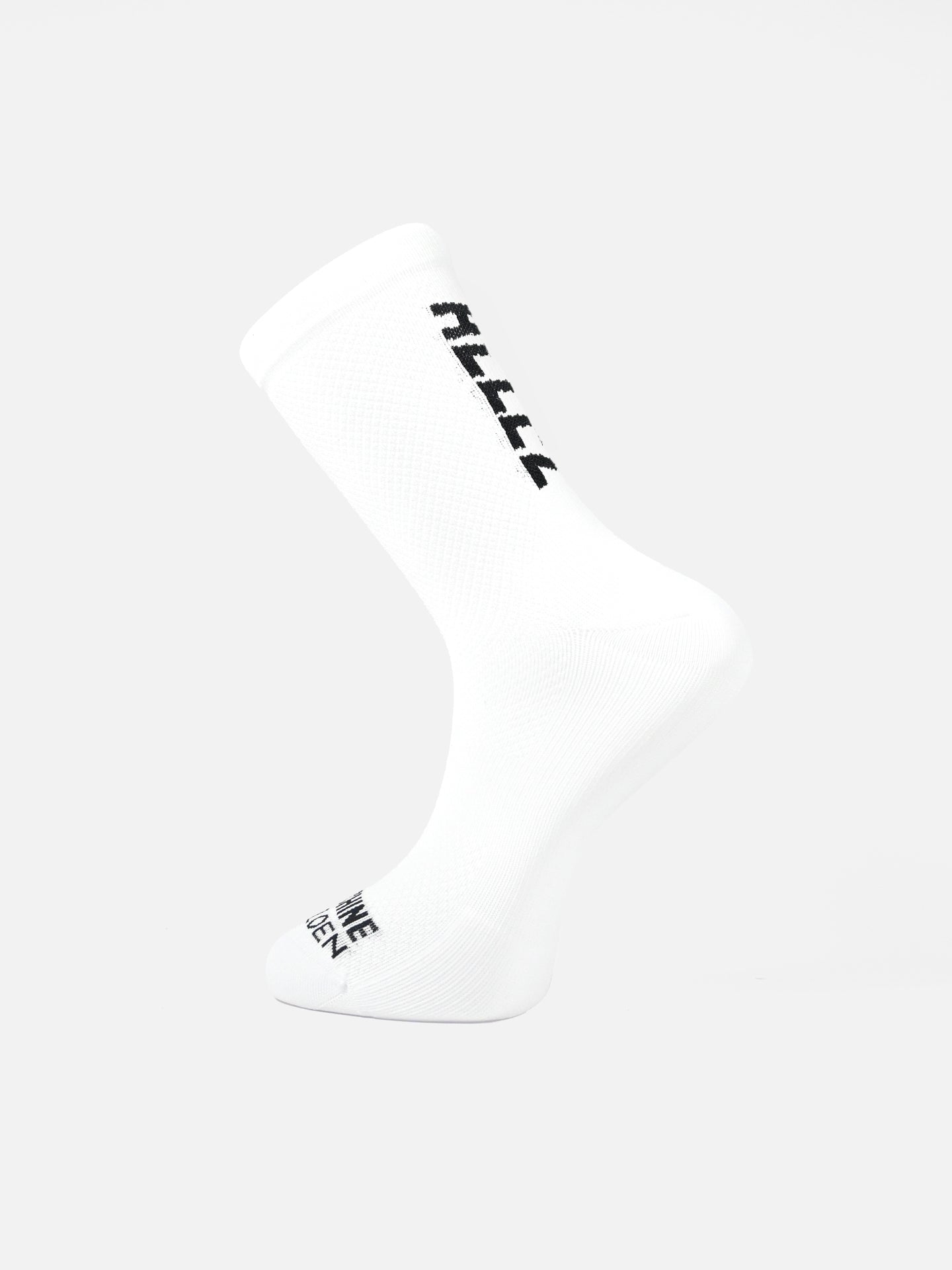 The Allez Allez Cycling Sock by La Machine Cycle Club is an all-white sock with black vertical text, seamless toe for comfort, and shown on a plain white background.