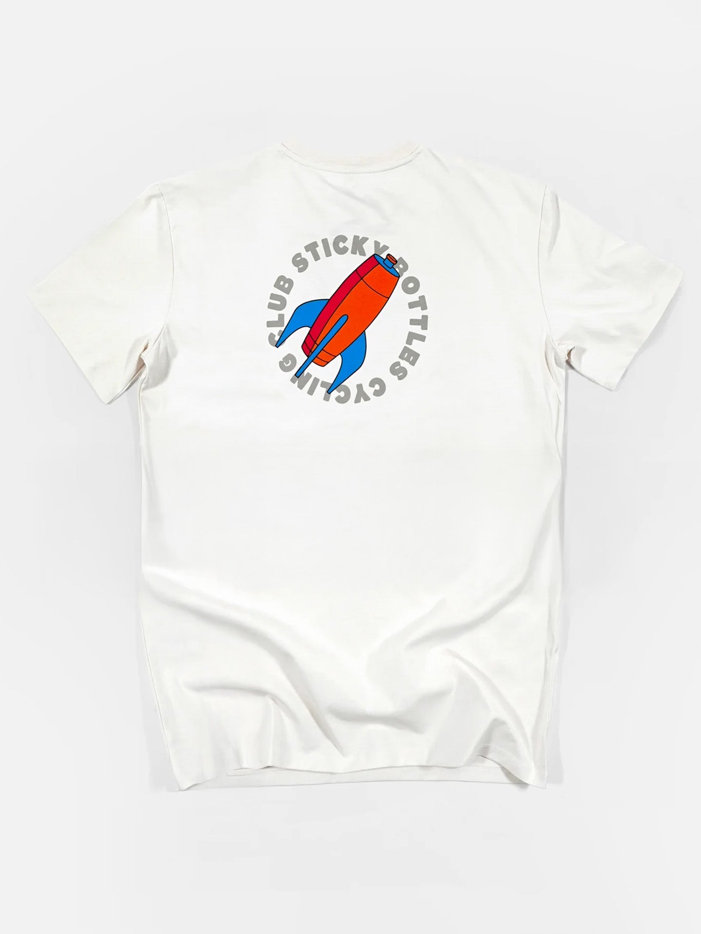 The Sticky Bottles - Loose Fit T-shirt by La Machine Cycle Club is a white, heavy cotton tee with a large red and blue rocket back print surrounded by STICKY BOTTLES CYCLING CLUB, shown laid flat on a plain background.