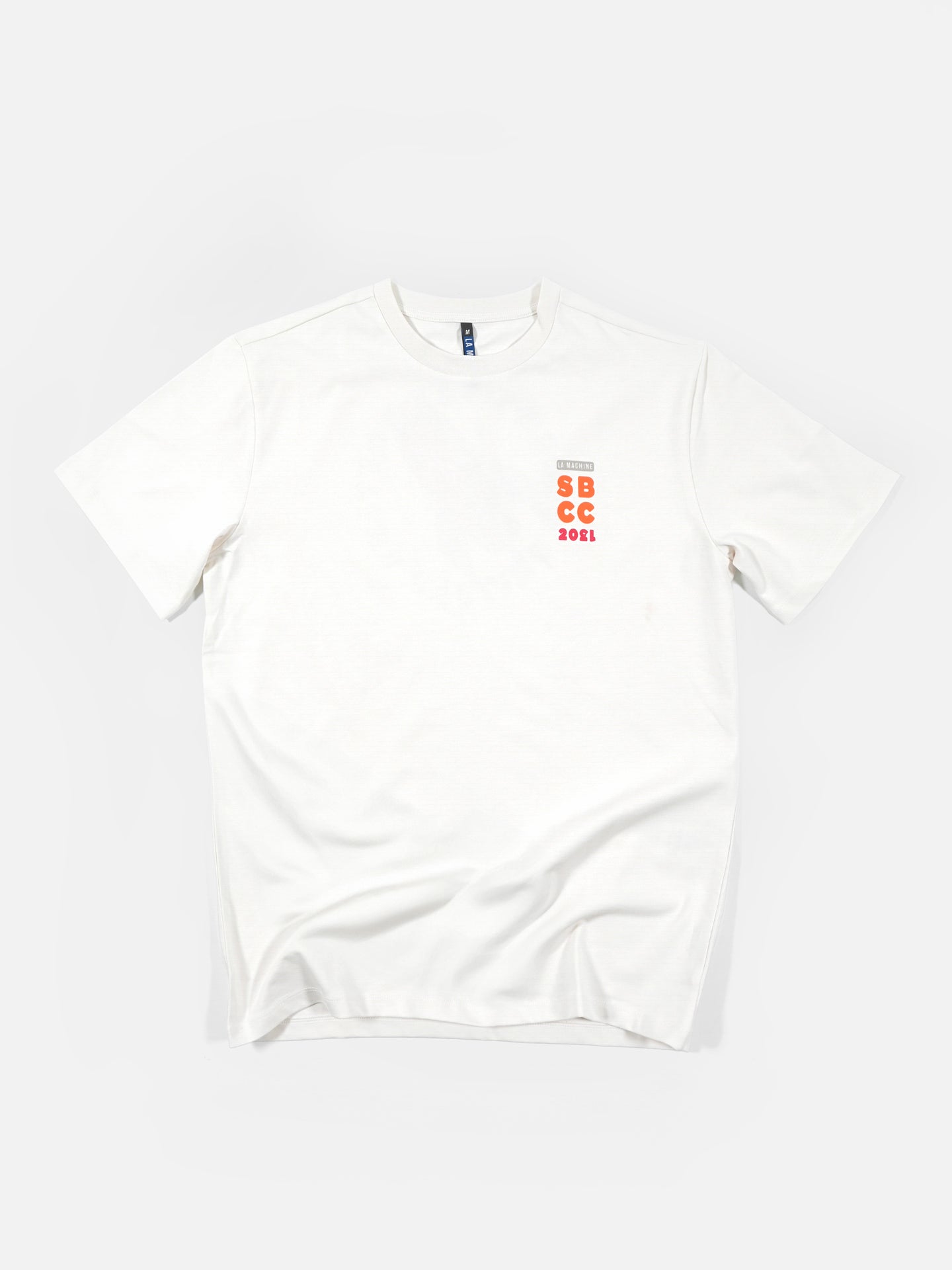 The Sticky Bottles - Loose Fit T-shirt by La Machine Cycle Club is a heavy white cotton tee with SBCC 2021 text on the left chest and a large Sticky Bottles Cycling Club logo print on the back.