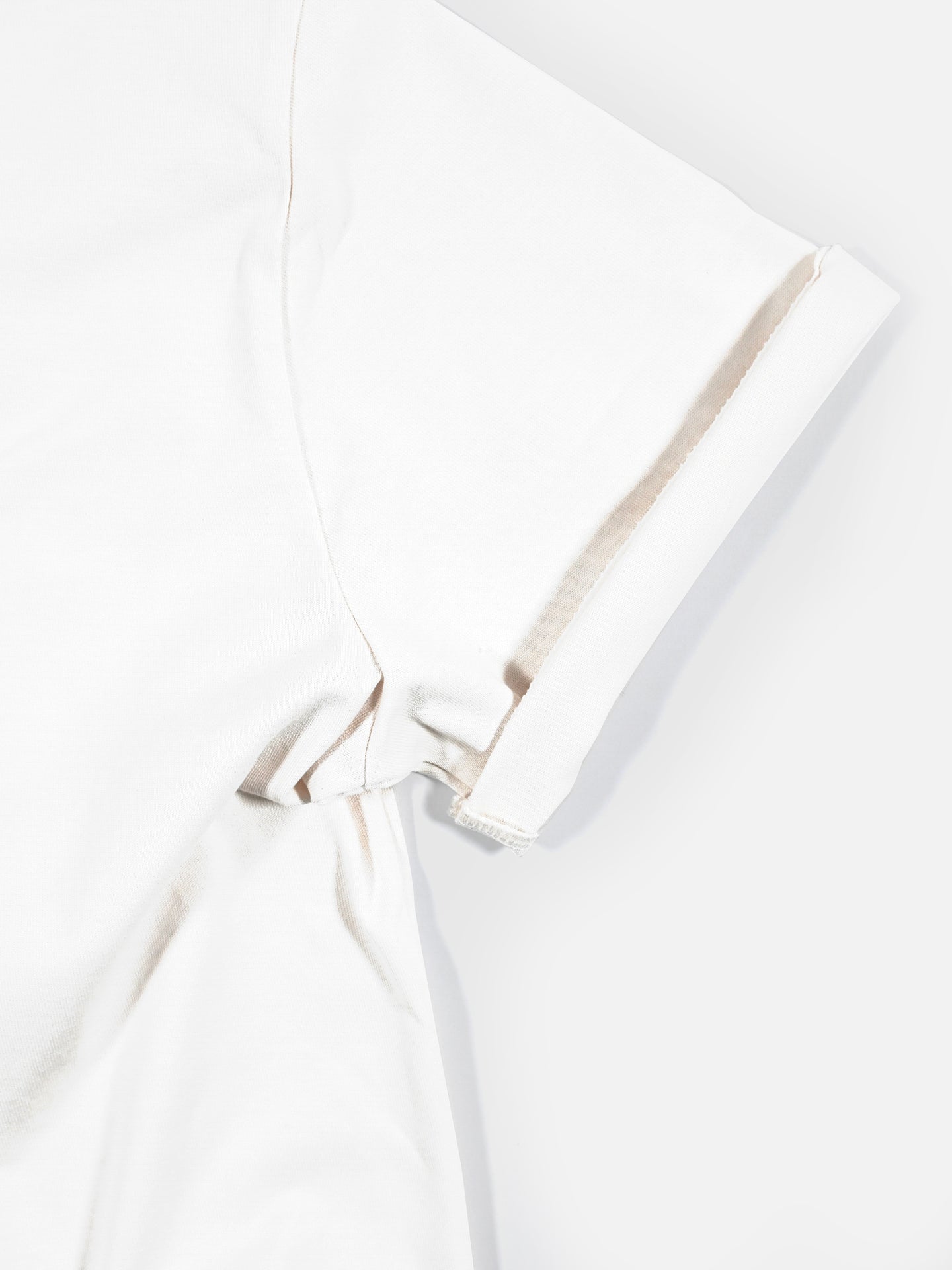 A close-up of the sleeve and shoulder on the La Machine Cycle Club Sticky Bottles - Loose Fit T-shirt, a heavy cotton plain white short-sleeve tee laid flat with the hem of the sleeve neatly folded.