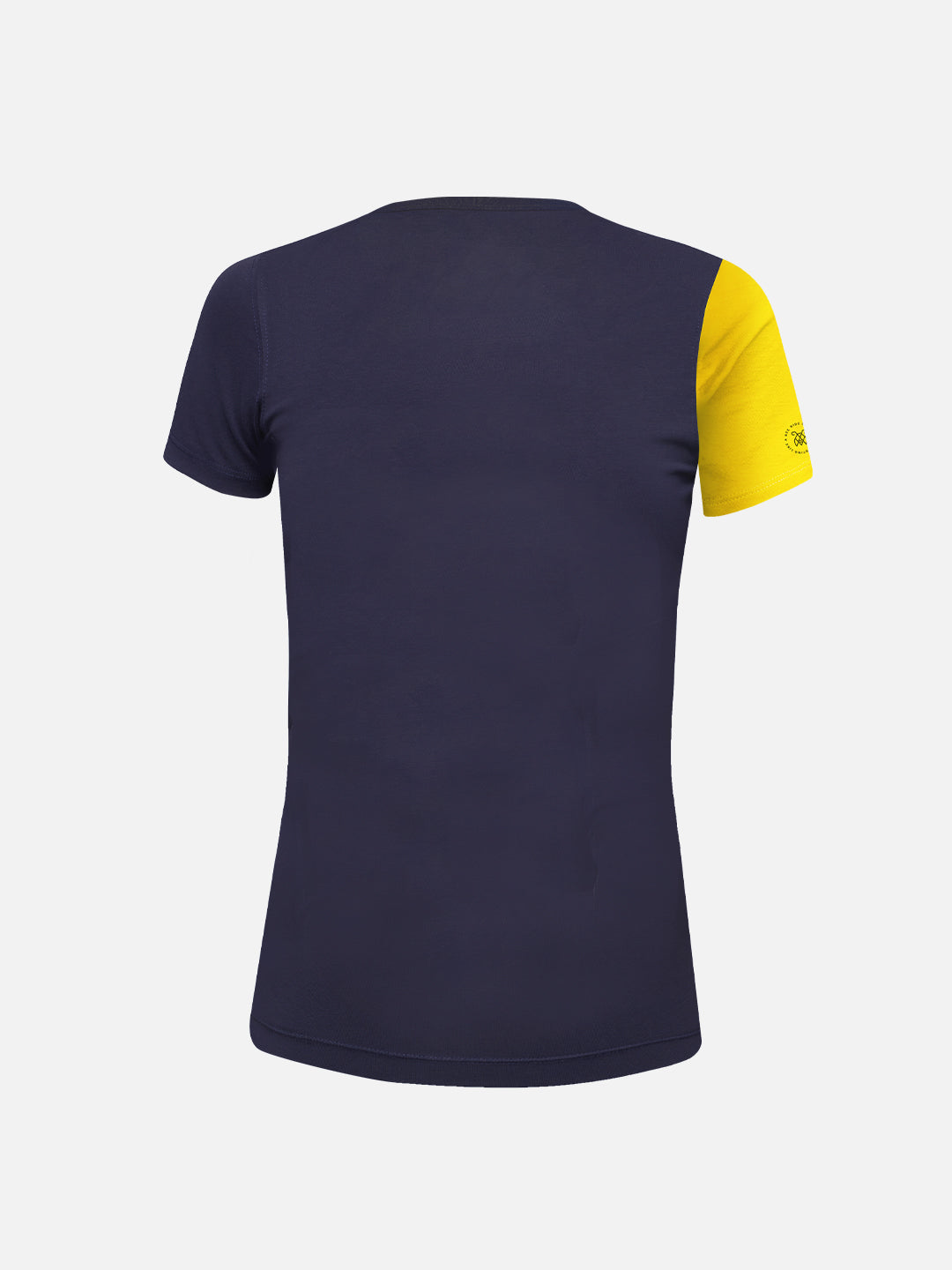 Back view of the La Machine Cycle Club Team Visma | Lease a Bike Womens T-shirt, featuring a navy body and left sleeve with a contrasting yellow right sleeve, shown on a plain white background.