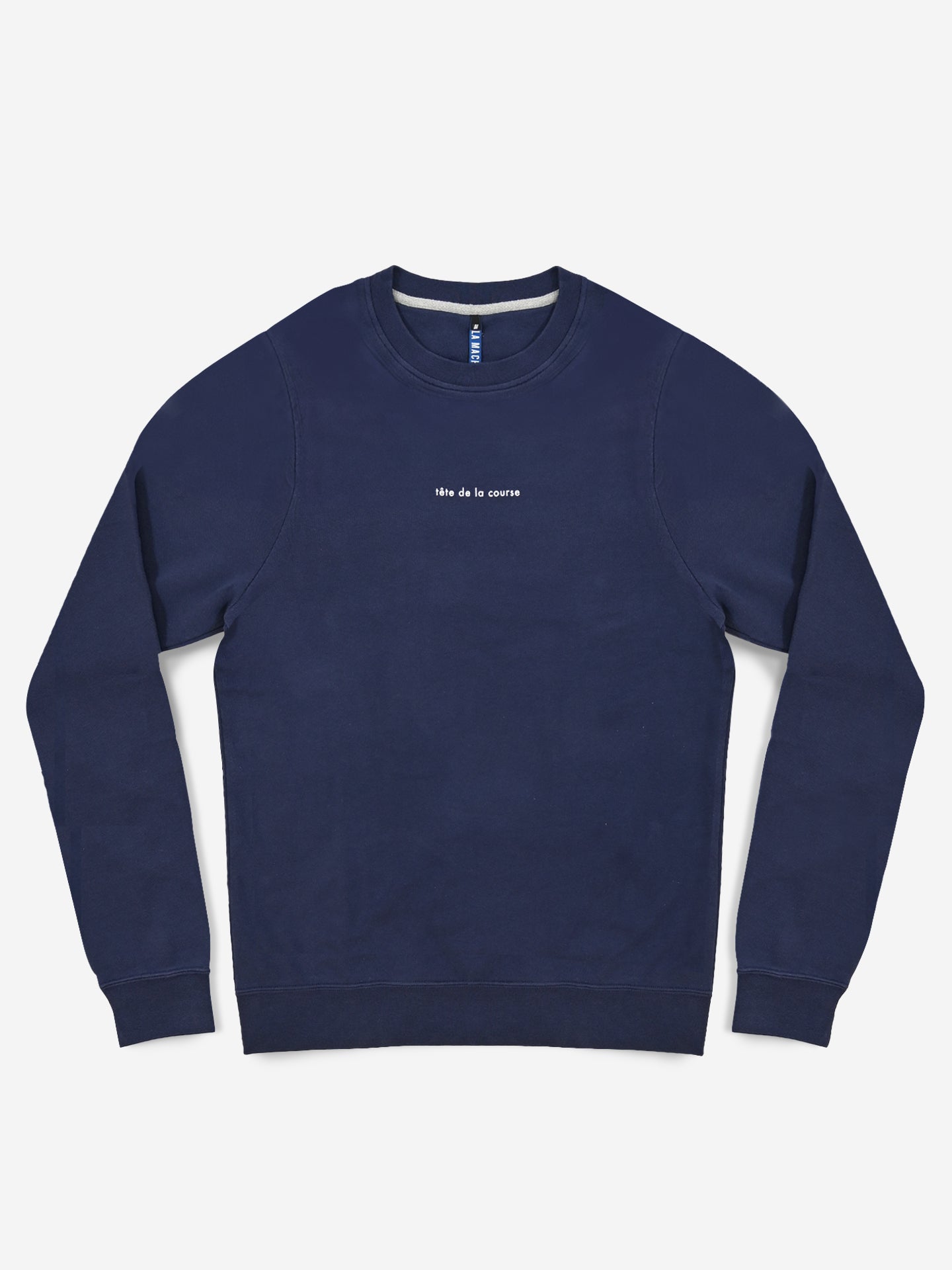 The Tête de la Course sweatshirt by La Machine Cycle Club is a mens navy blue, 100% cotton cycling-style top with centered small white the air is scarce text on the chest.