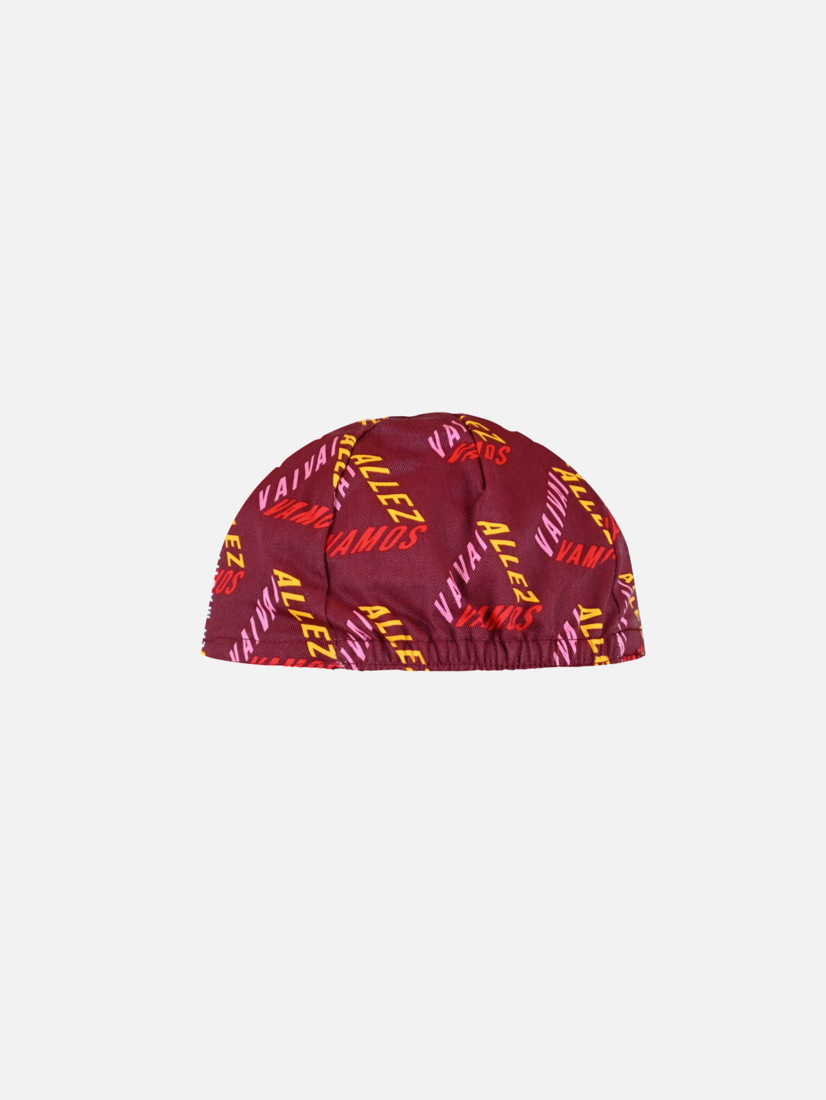 The Vai Allez Vamos - Cycling Cap by La Machine Cycle Club features a maroon design with vibrant yellow, pink, and red VAMOS text on white—ideal for Tour de France fans.