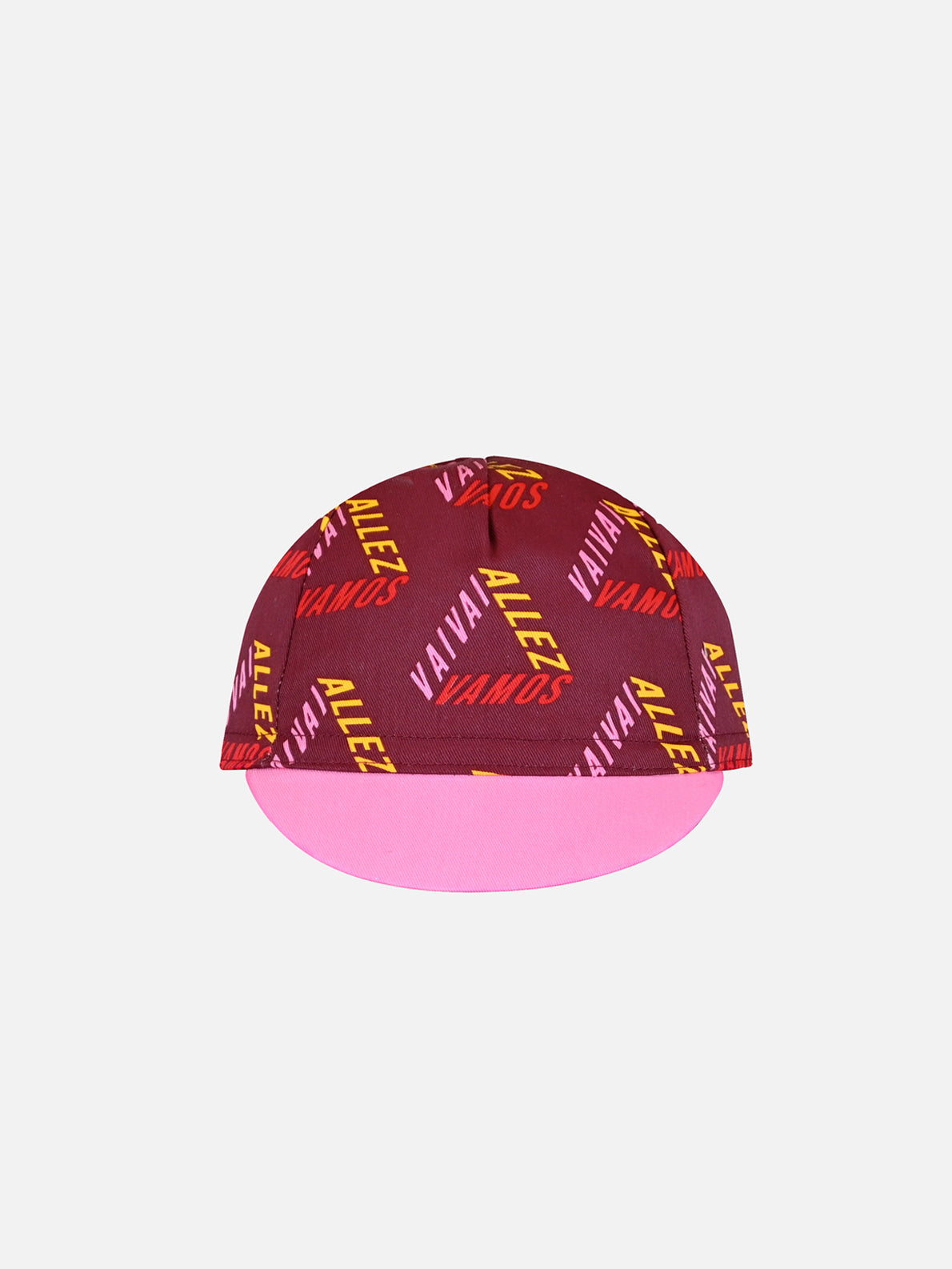 The Vai Allez Vamos Cycling Cap by La Machine Cycle Club features a maroon top, pink brim, and bold yellow and red ALLEZ/VAMOS text in diagonal patterns—a tribute to the excitement of the Tour de France and Vuelta a España.