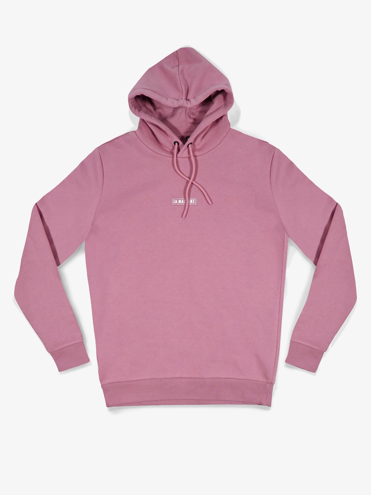 The Vai Allez Vamos - Hoodie by La Machine Cycle Club is mauve with a front pocket, drawstrings, and small white chest text. Laid flat on a white background, it’s ideal for cycling apparel enthusiasts.