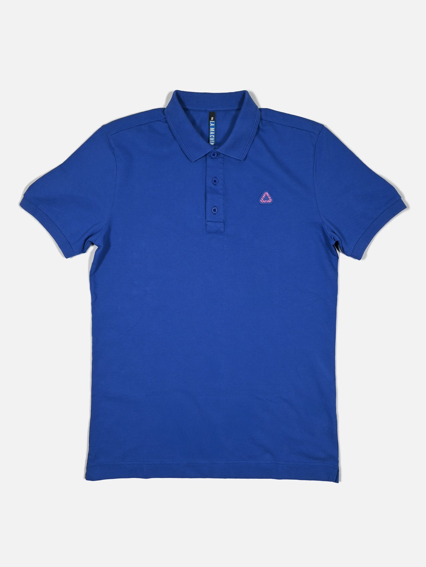 The Vai Vai - Giro dItalia Polo shirt by La Machine Cycle Club features a unisex fit in azzurra blue, short sleeves, a collared three-button placket, and a pink triangle logo on the chest, inspired by classic Giro style. Displayed on white background.
