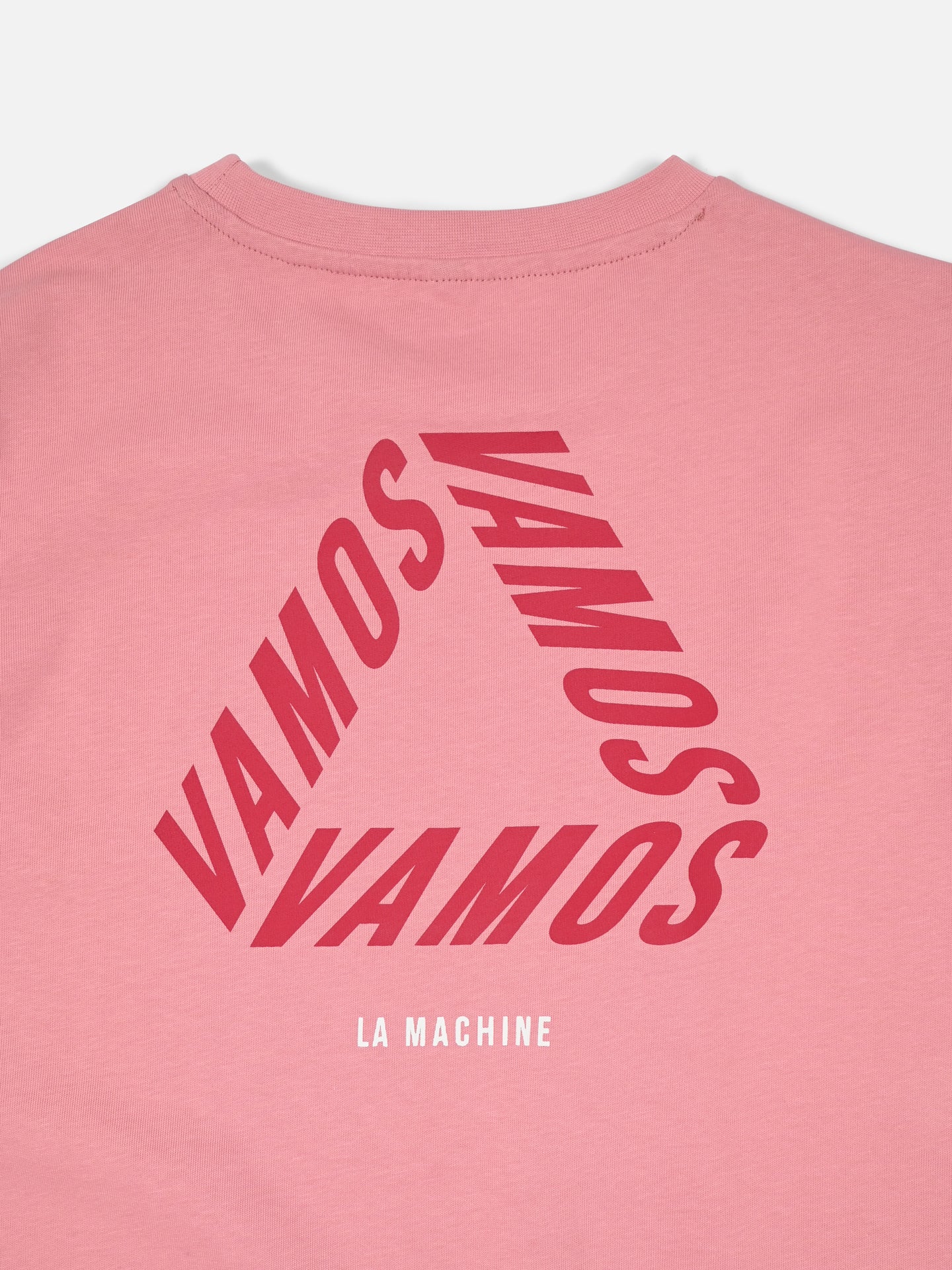 The Vamos - Loose Fit - Vuelta a España T-shirt by La Machine Cycle Club features bold red VAMOS lettering in a triangle, with LA MACHINE in white below—a stylish tribute to Spanish cycling and the Vuelta a España.