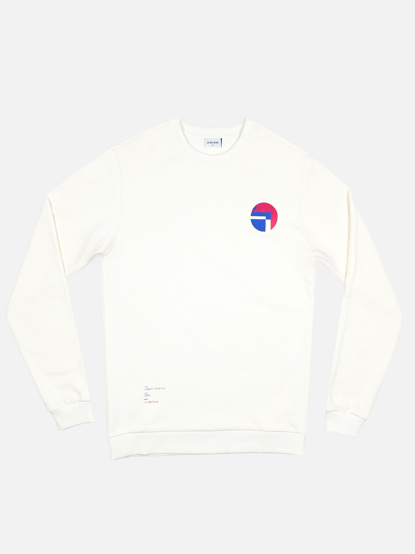 The Lampre Fondital 06 - Sweatshirt - Star White by La Machine Cycle Club is a plain white mens sweatshirt with a small blue and red circular abstract design on the chest and subtle text near the lower hem, inspired by classic cycling jerseys.