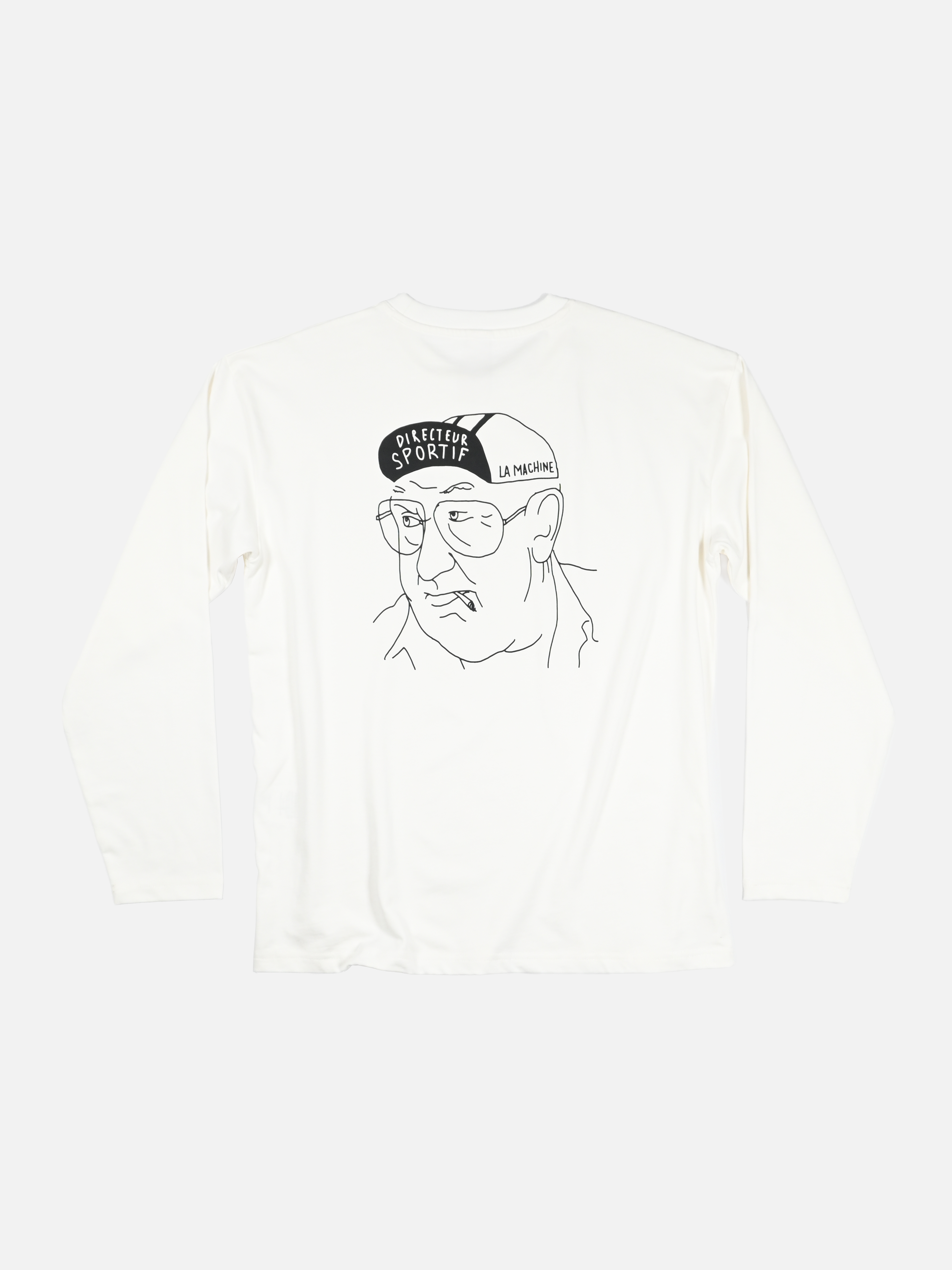 White t-shirt with a black and white graphic of a person wearing a cap on a white background