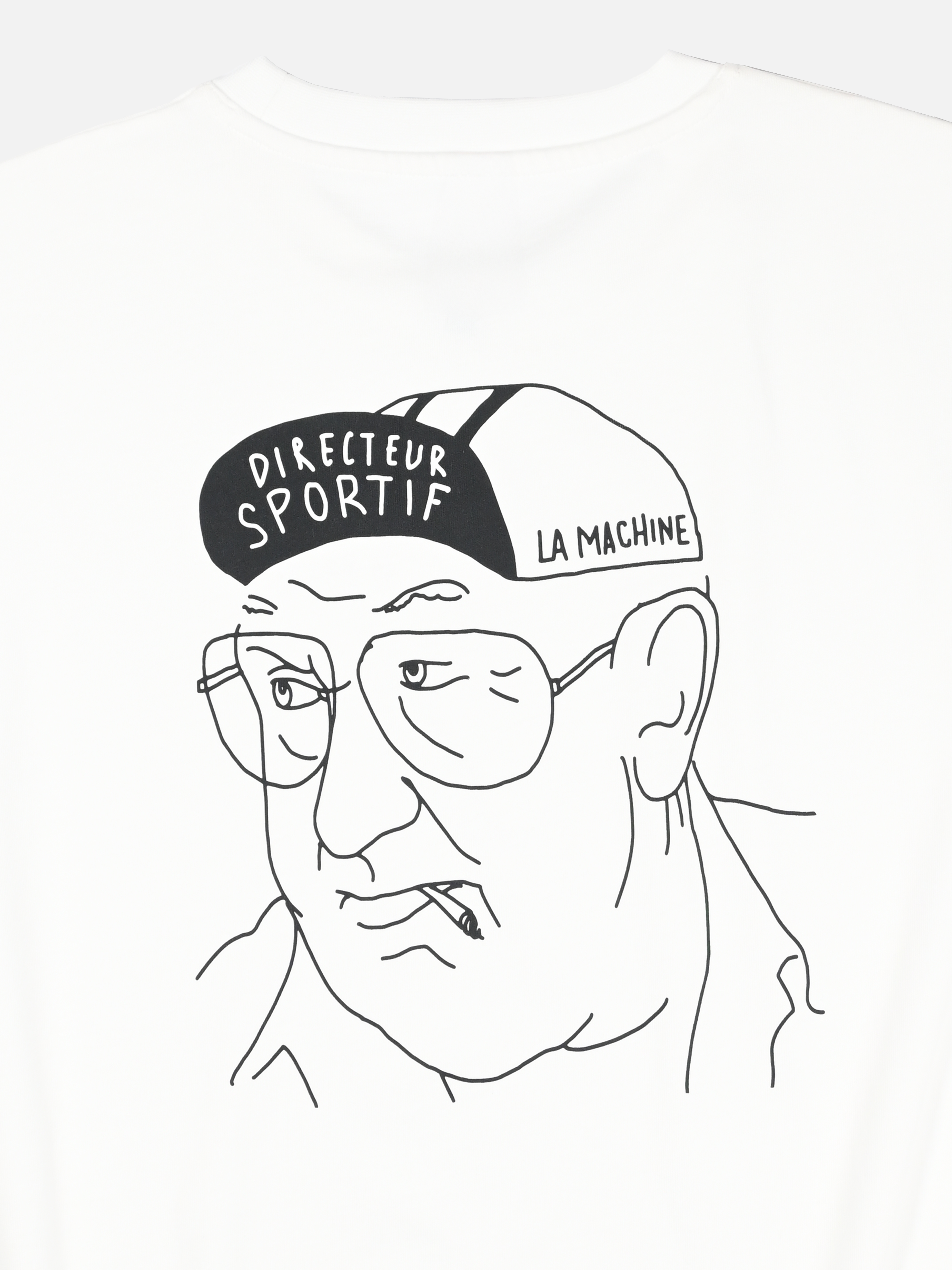 Line drawing of an older man with glasses and a cap, featuring Directeur Sportif and La Machine—the perfect graphic for the La Machine Cycle Club’s Directeur Sportif Longsleeve.
