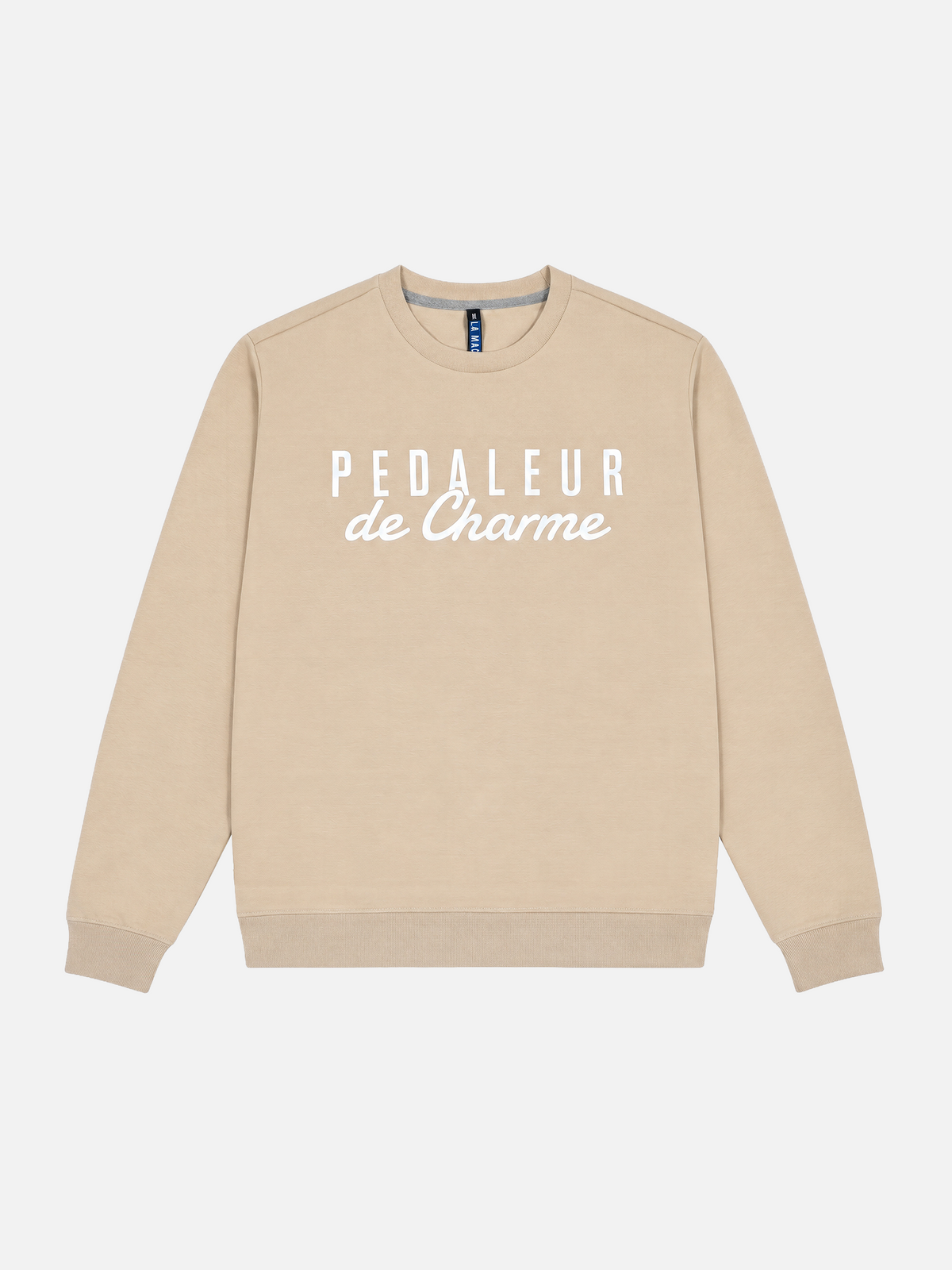 Front view of the sand Pedaleur de Charme sweatshirt, laid flat.