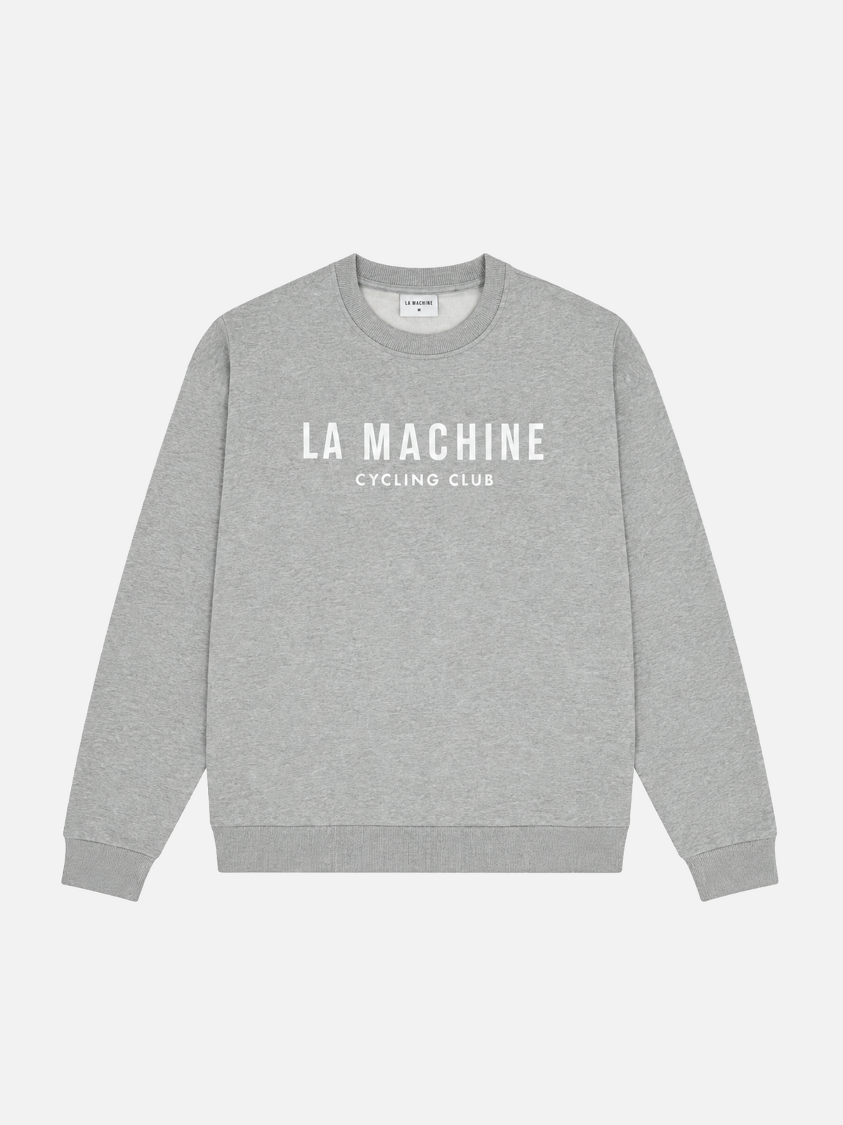 Front view of the grey melange La Machine Club Line sweatshirt, laid flat.