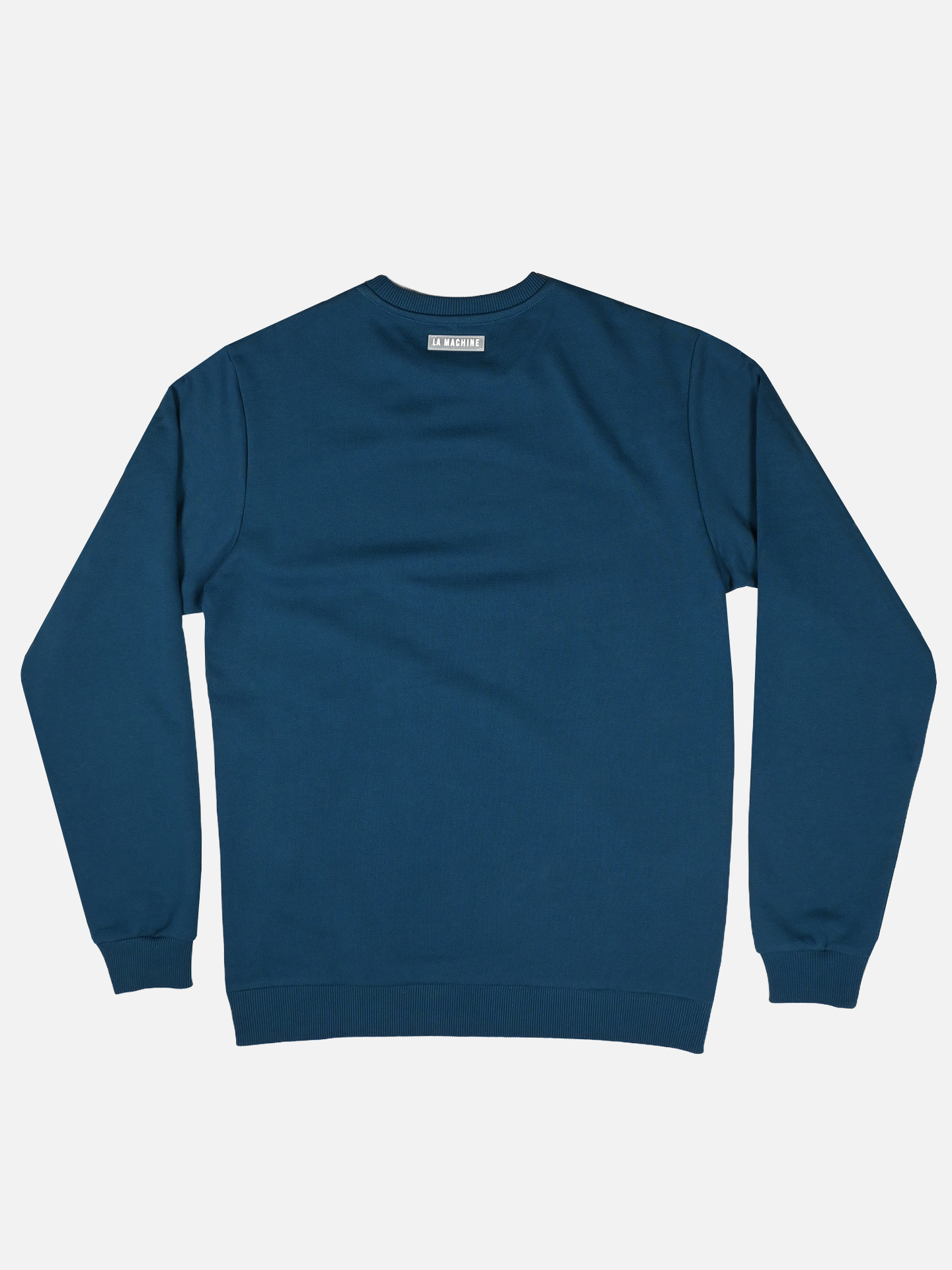 The Coffee Ride Winners Club Sweatshirt by La Machine Cycle Club, in Sailor Blue, is laid flat with the back facing up against a white background.