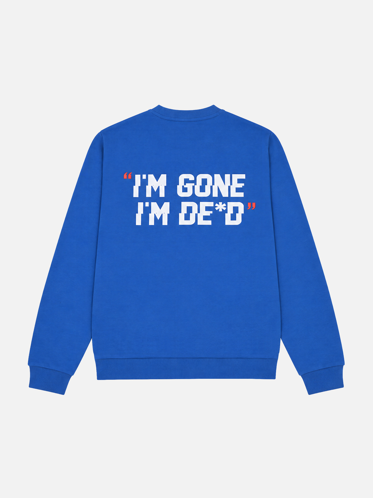 Back view of the marine blue Tarmac Cartel sweatshirt, laid flat.