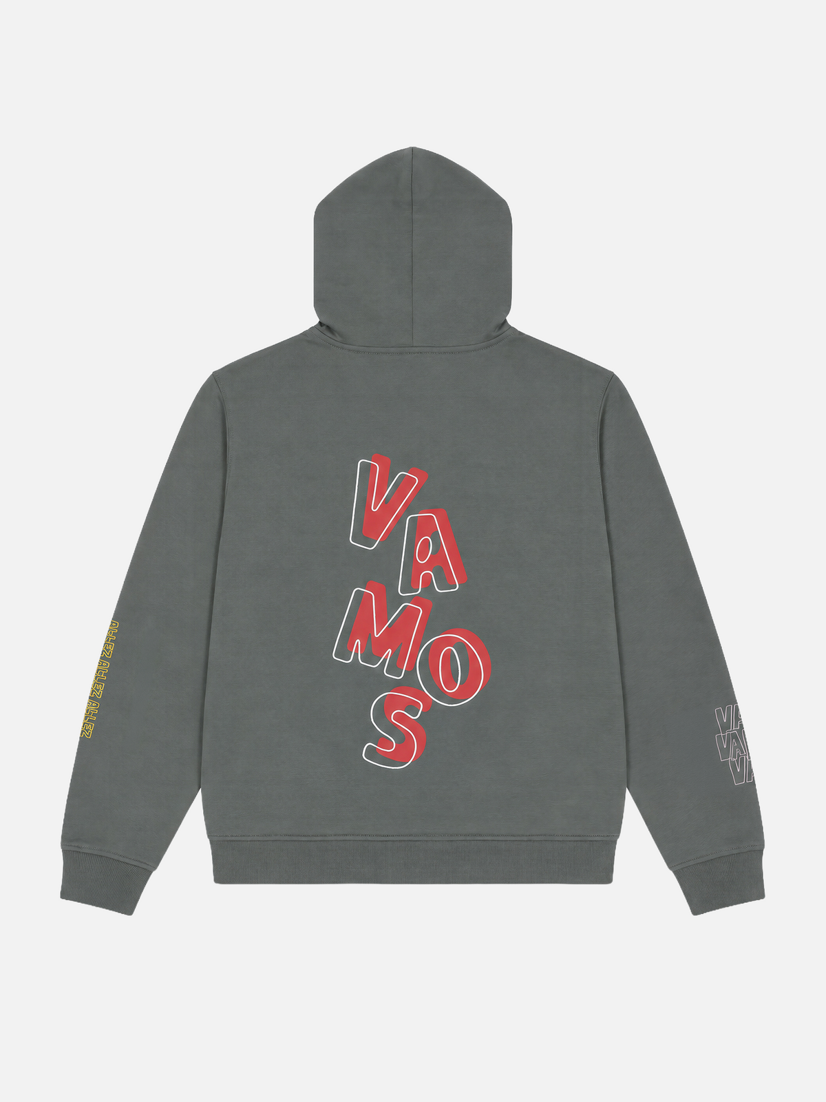 Back view of the Vamos Hoodie in asphalt grey, laid flat.