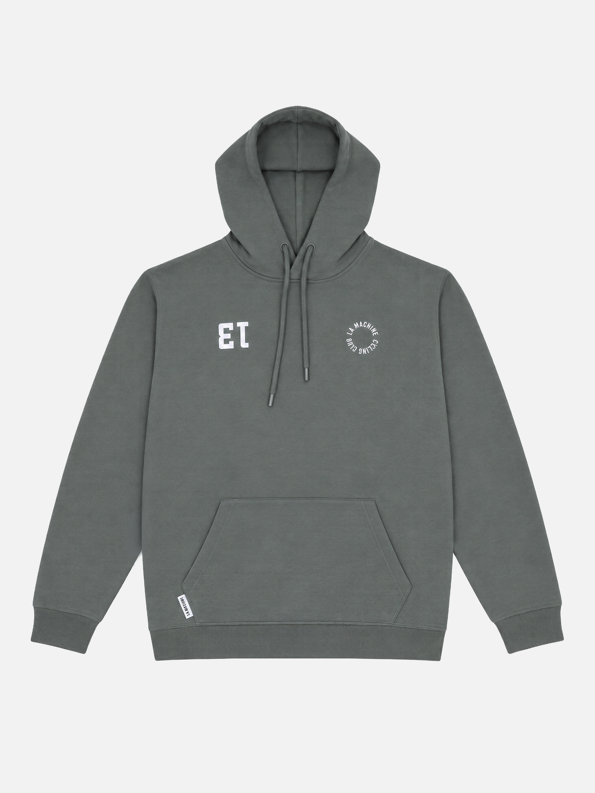 Front view of the Vamos Hoodie in asphalt grey, laid flat.