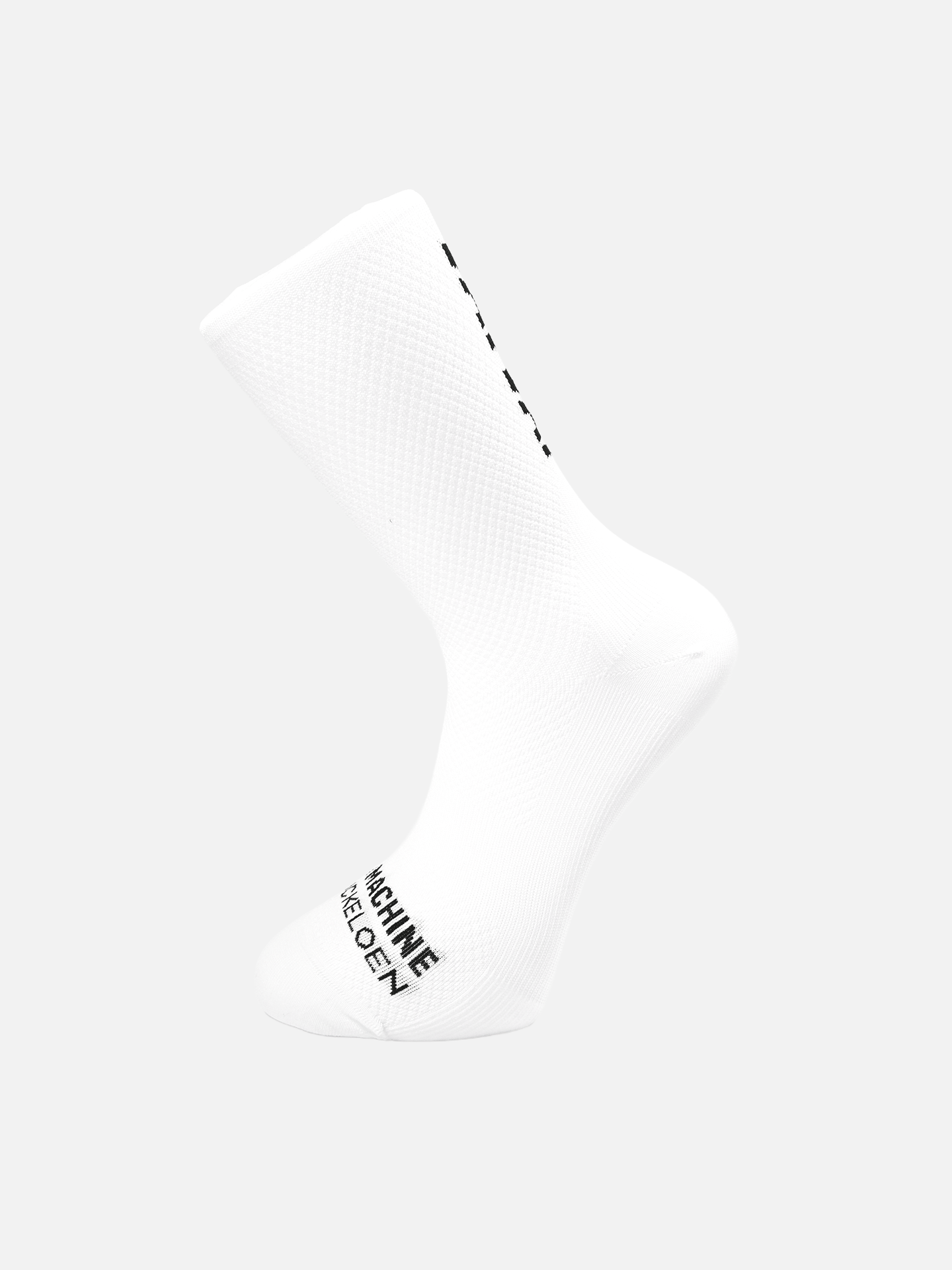 A single all-white Vai Vai - Cycling Sock by La Machine Cycle Club, shown upright on a light gray background, features a seamless toe and black MACHINE WASH COLD text near the toe.