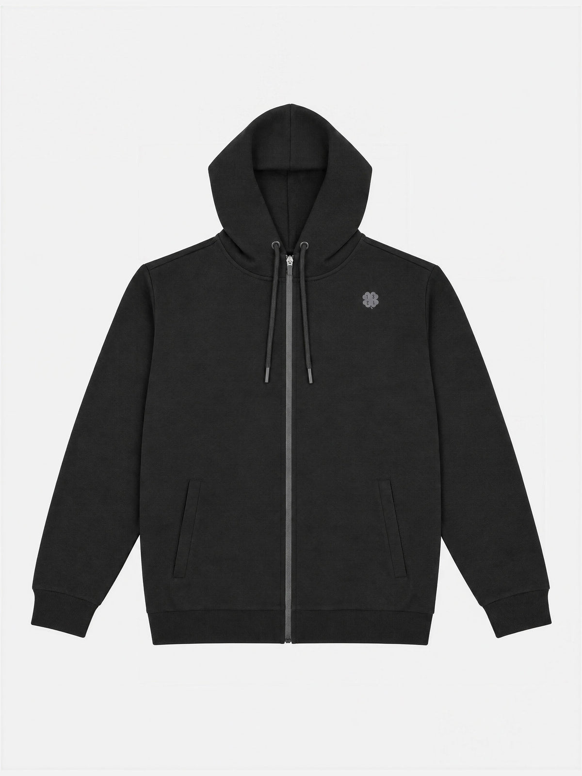 Front view of the Lucky 13 Zipped Hoodie in black, laid flat.