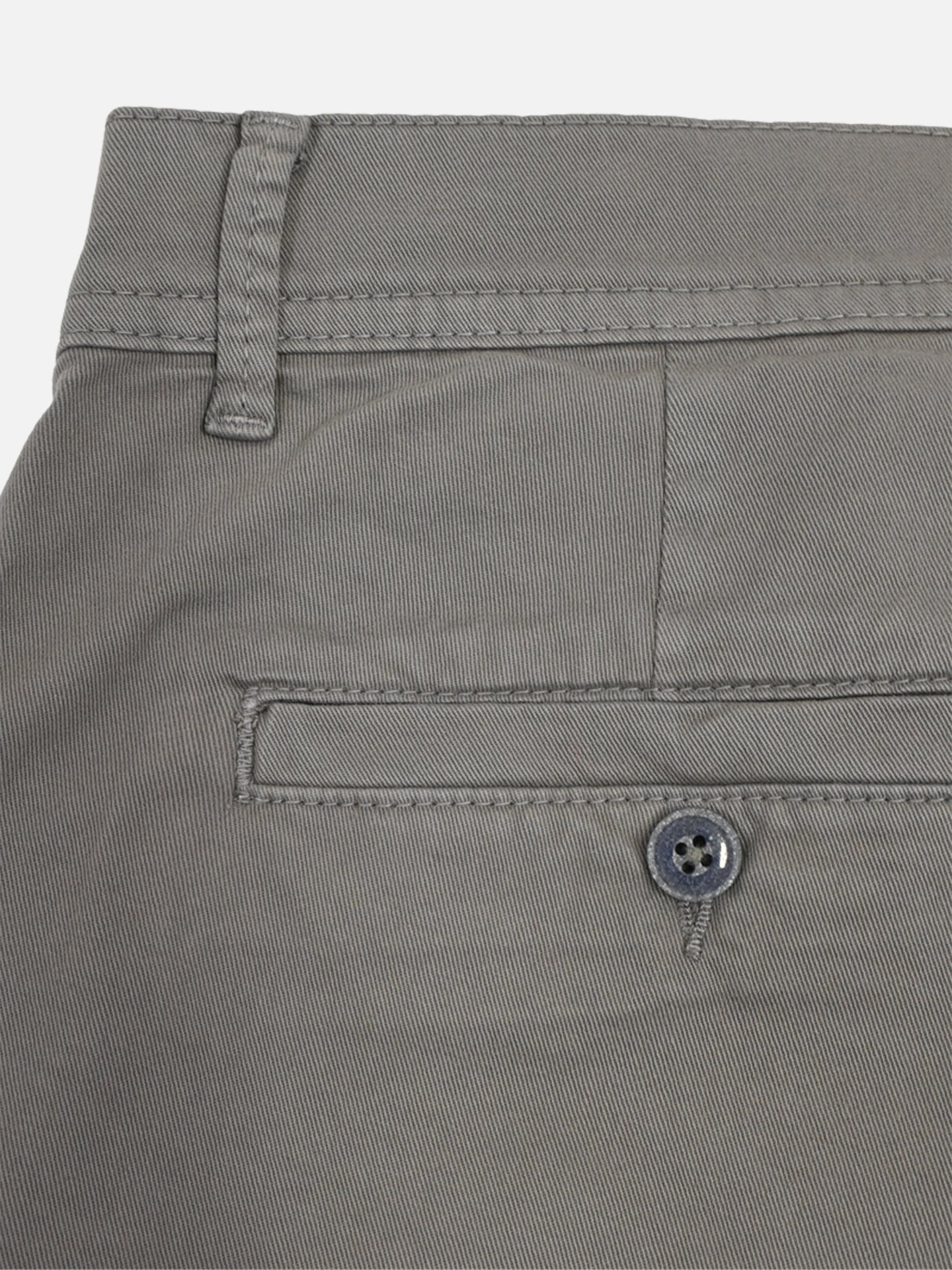 Close-up of the back pocket area of La Machine Cycle Club’s Grand Tours – Rest Day Bermuda in grey, featuring a buttoned welt pocket, belt loop, and visible stitching on light grey fabric in a semi-tailored fit.